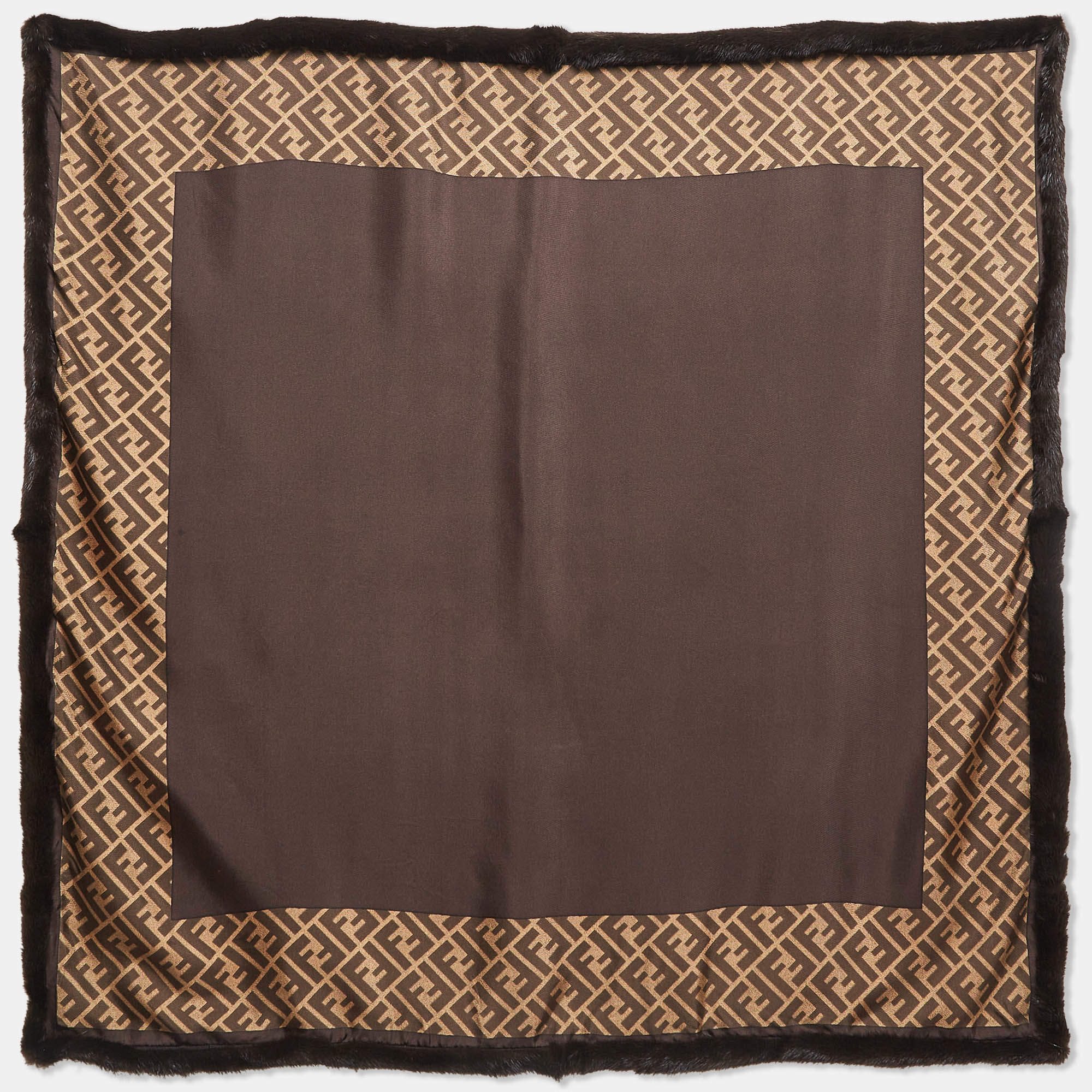 Pre Owned Fendi Brown Zucca Print Mink Fur and Silk Square Scarf