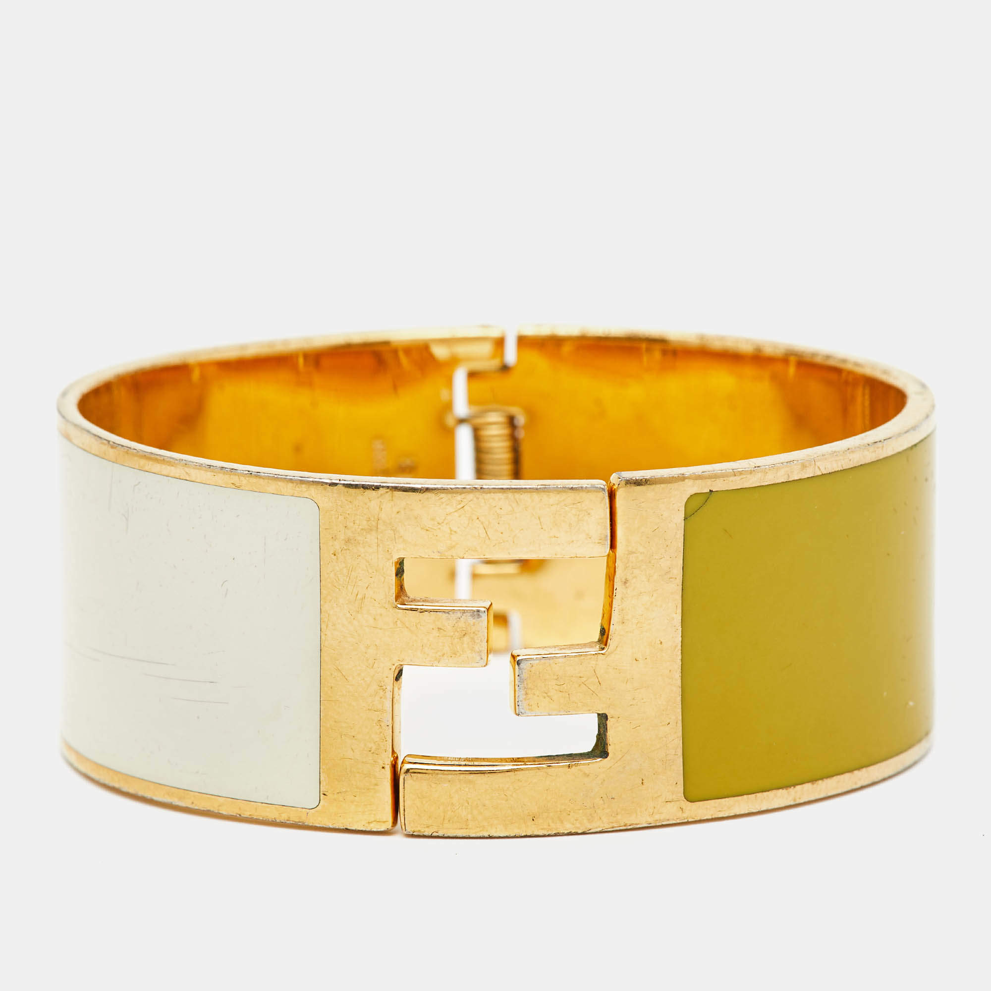 Fendi Fendista Bi-color Yellow/White Enamel Gold Tone Wide Bracelet M