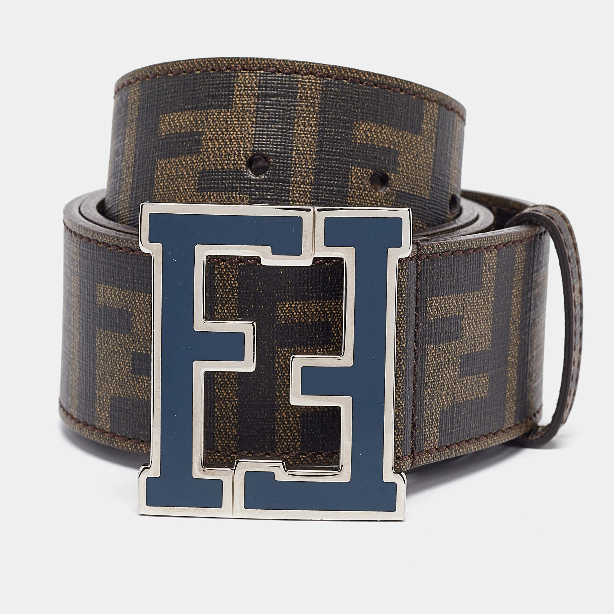 Fendi Tobacco Zucca Coated Canvas FF Logo Buckle Belt 90CM