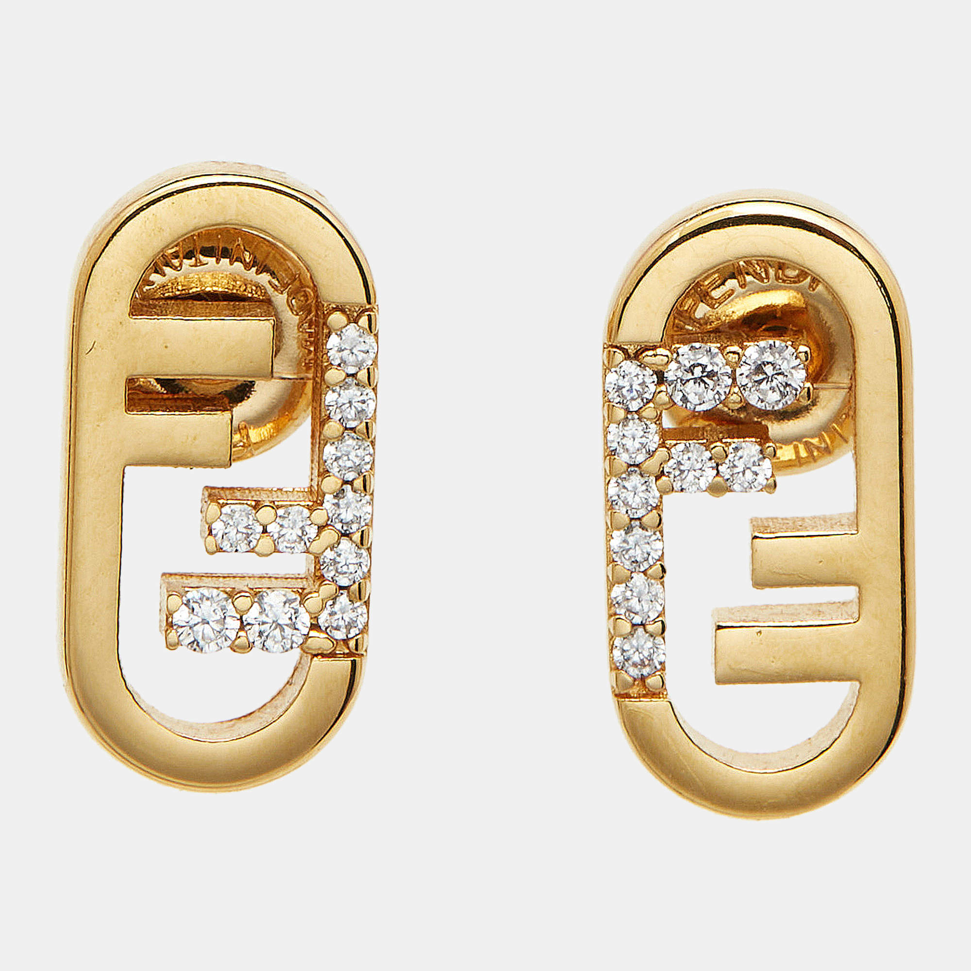مملوكة مسبقًا Fendi O'Lock Crystal Gold Tone Stud Earrings