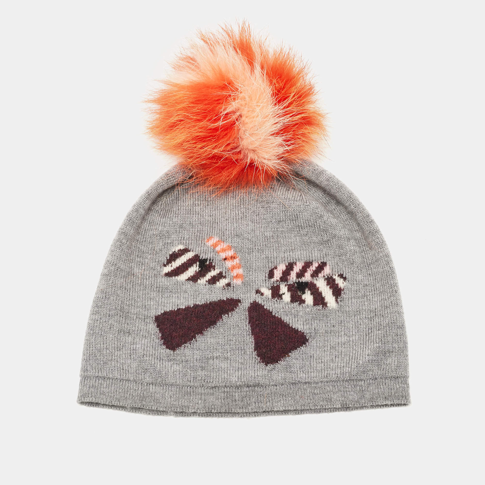 Pre Owned Fendi Grey Intarsia Wool Pom Pom Beanie