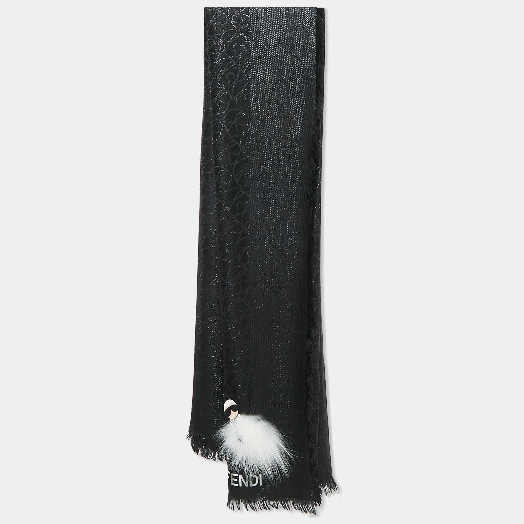مملوكة مسبقًا Fendi Black Karlito Fox Fur Applique Silk and Wool Shawl