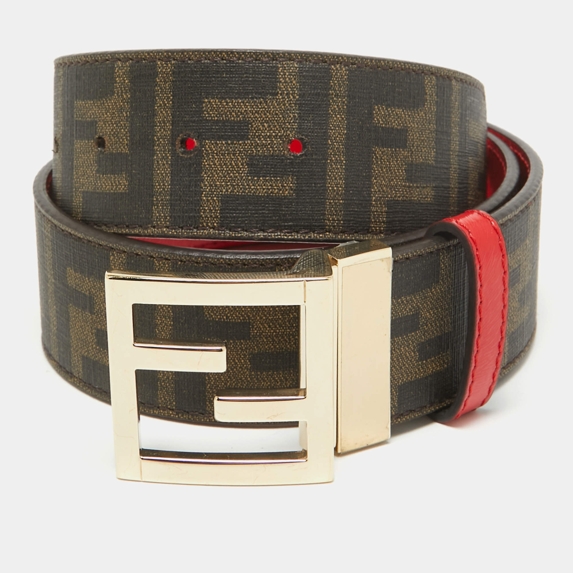 Fendi Brown/Red Zucca Coated Canvas and Patent Leather FF Logo Belt 85 CM