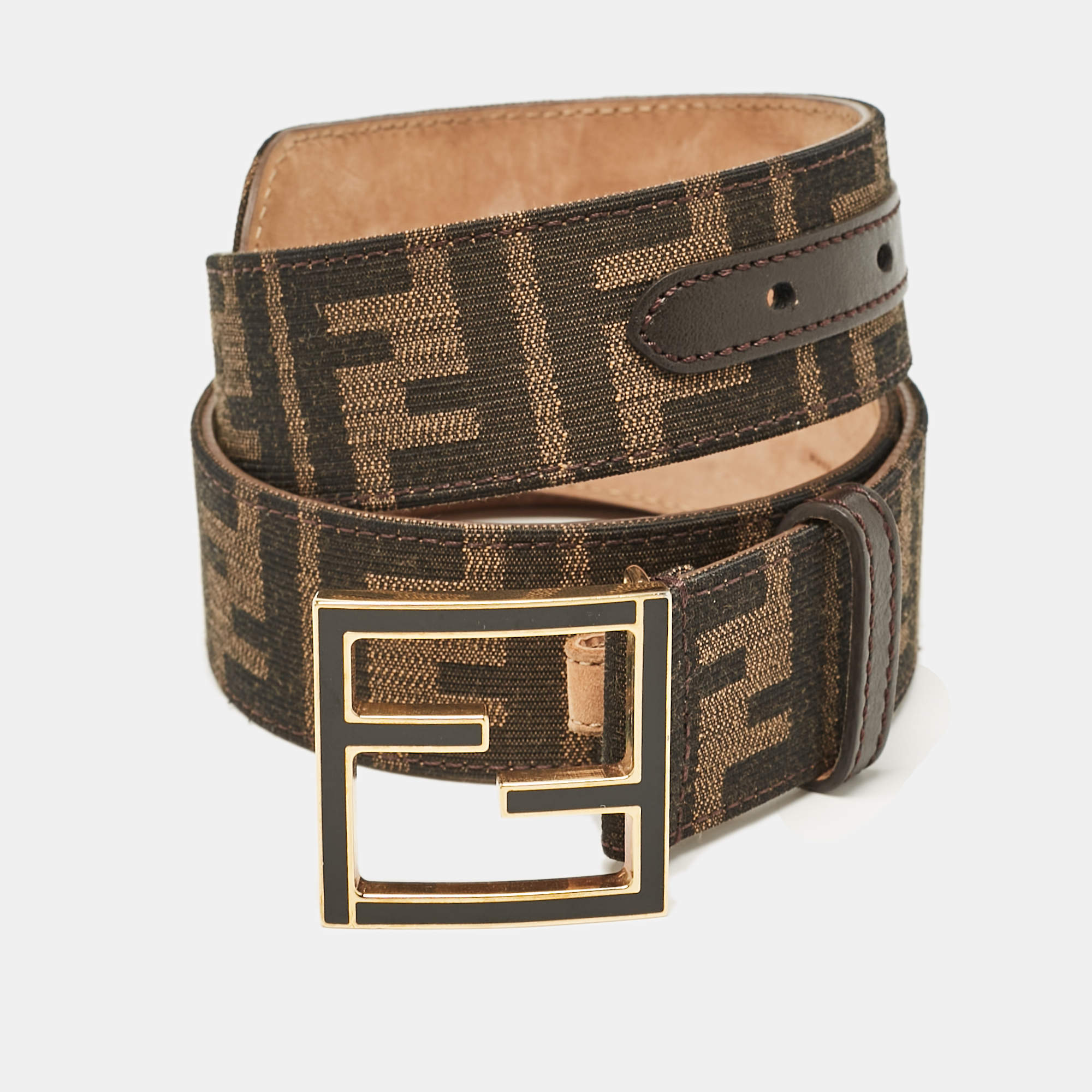 Fendi Tobacco Zucca canvas and Leather FF Buckle Belt 80CM