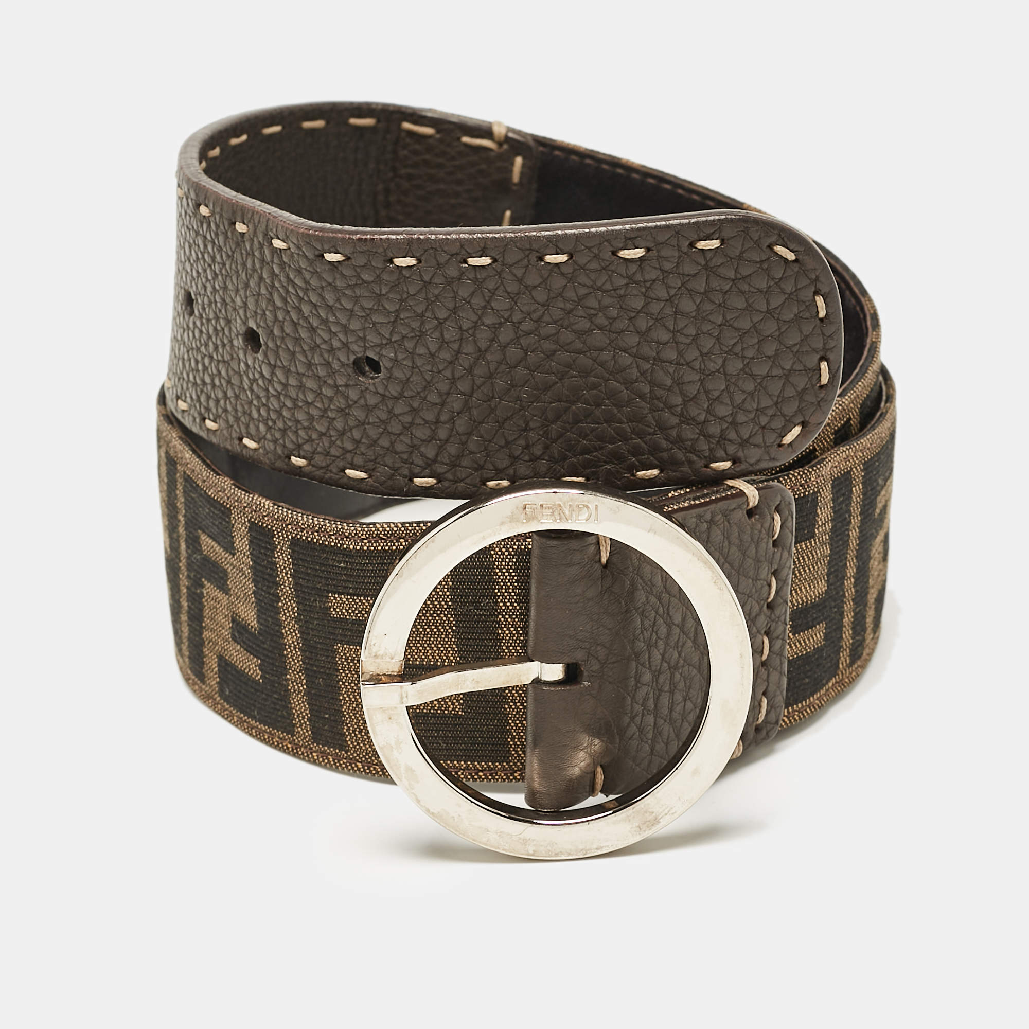 Fendi Tobacco Zucca Canvas and Leather Round Buckle Belt 80CM