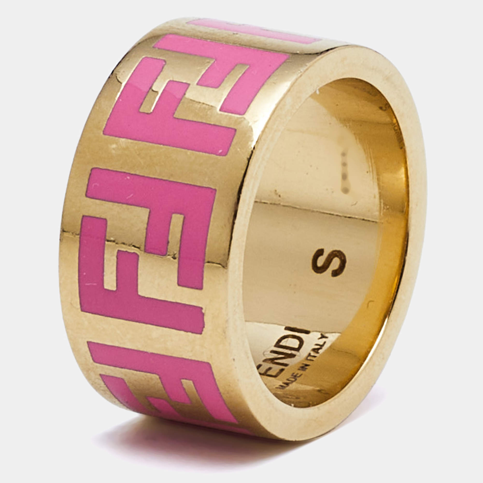 Fendi FF Logo Forever Enamel Gold Tone Ring  Size 52