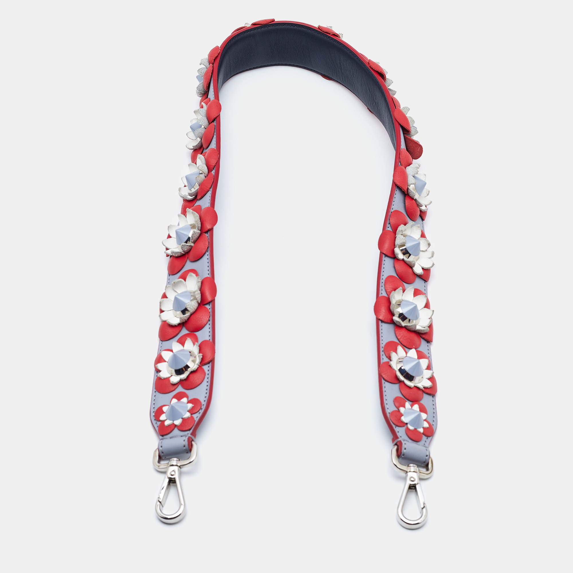 Pre Owned Fendi Red/Grey Leather Flowerland Strap You Shoulder Bag Strap