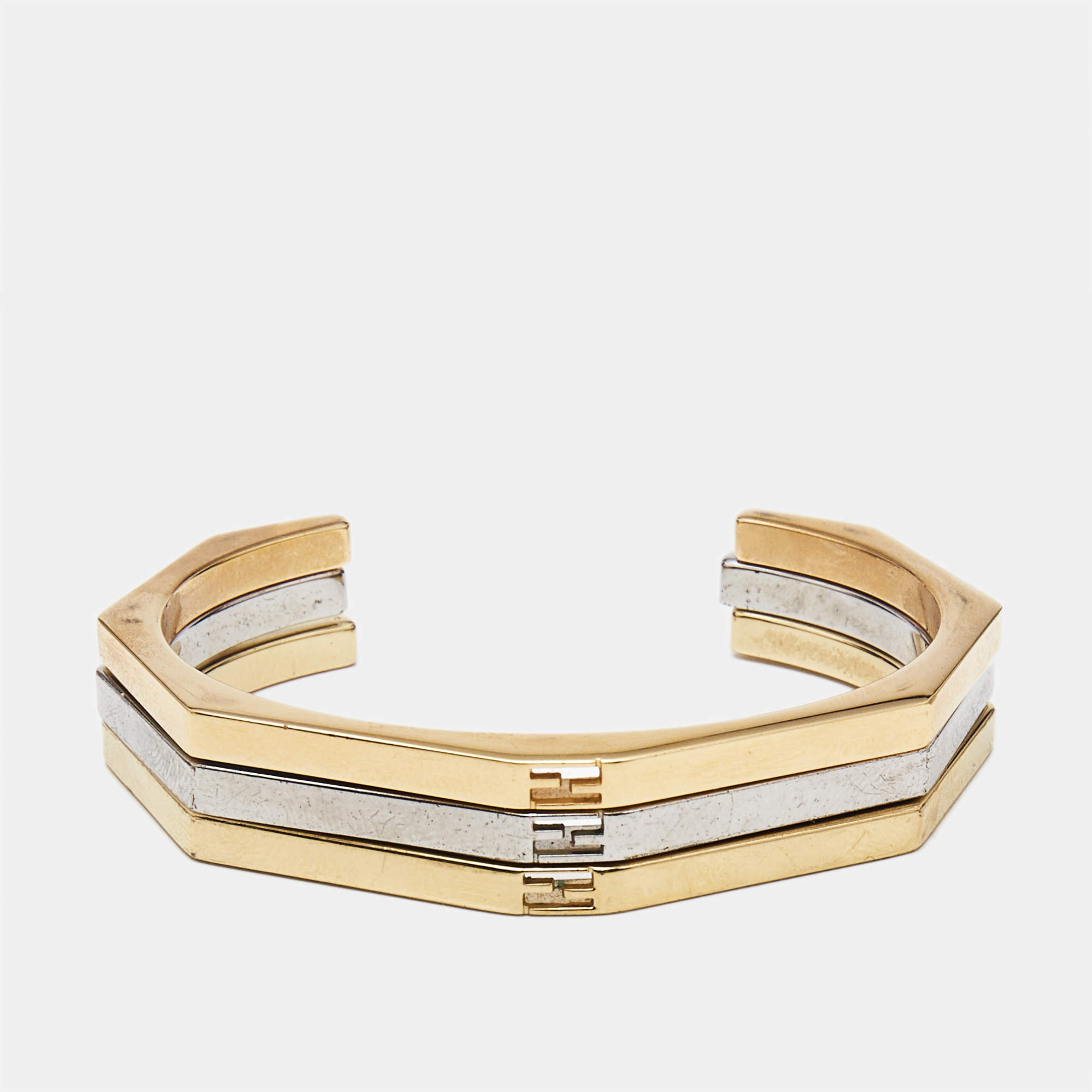 Fendi Baguette Bi-color Set of 3 Open Cuff Bracelet S