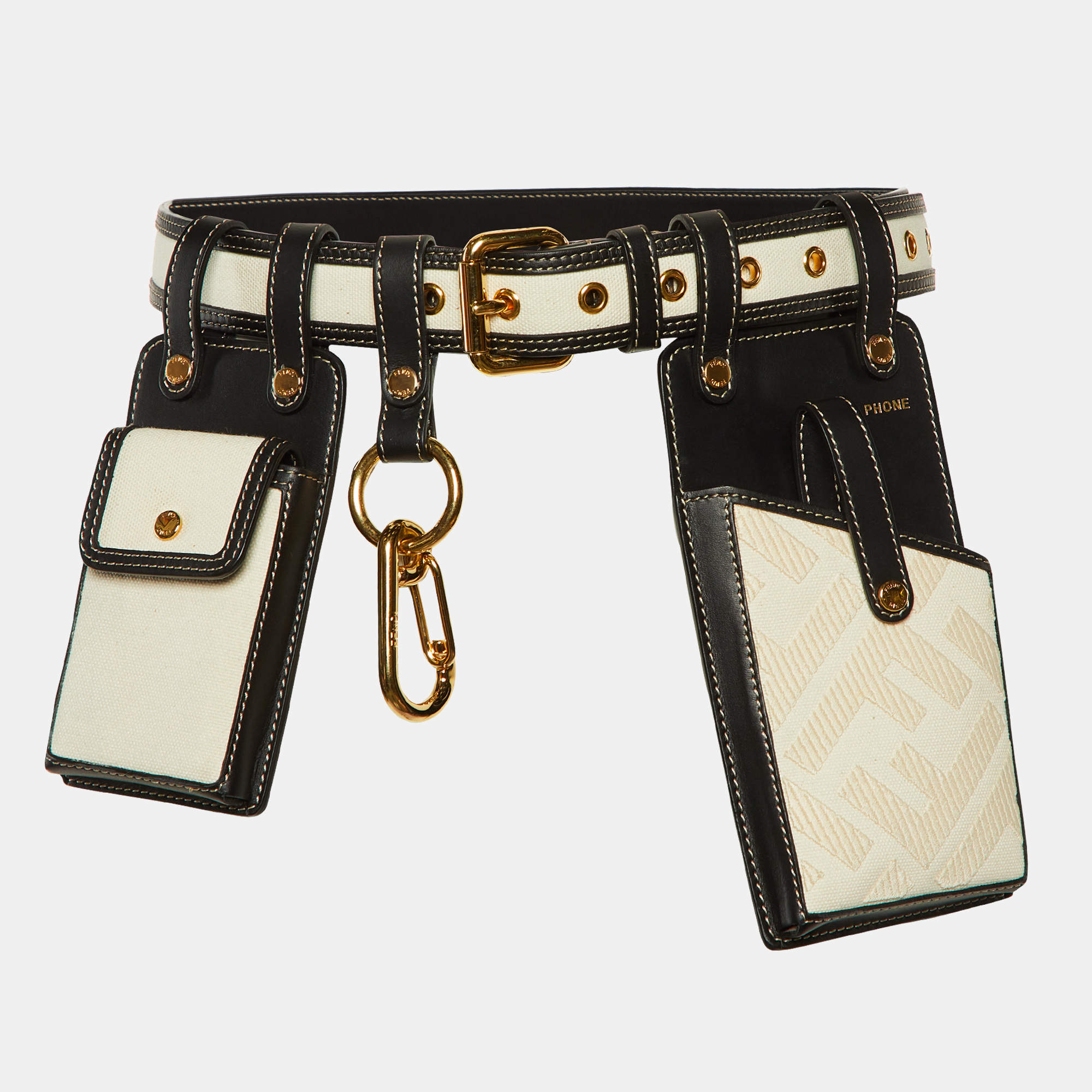 Fendi Black/Beige Leather and Zucca Canvas FF Logo Utility Accessory Belt