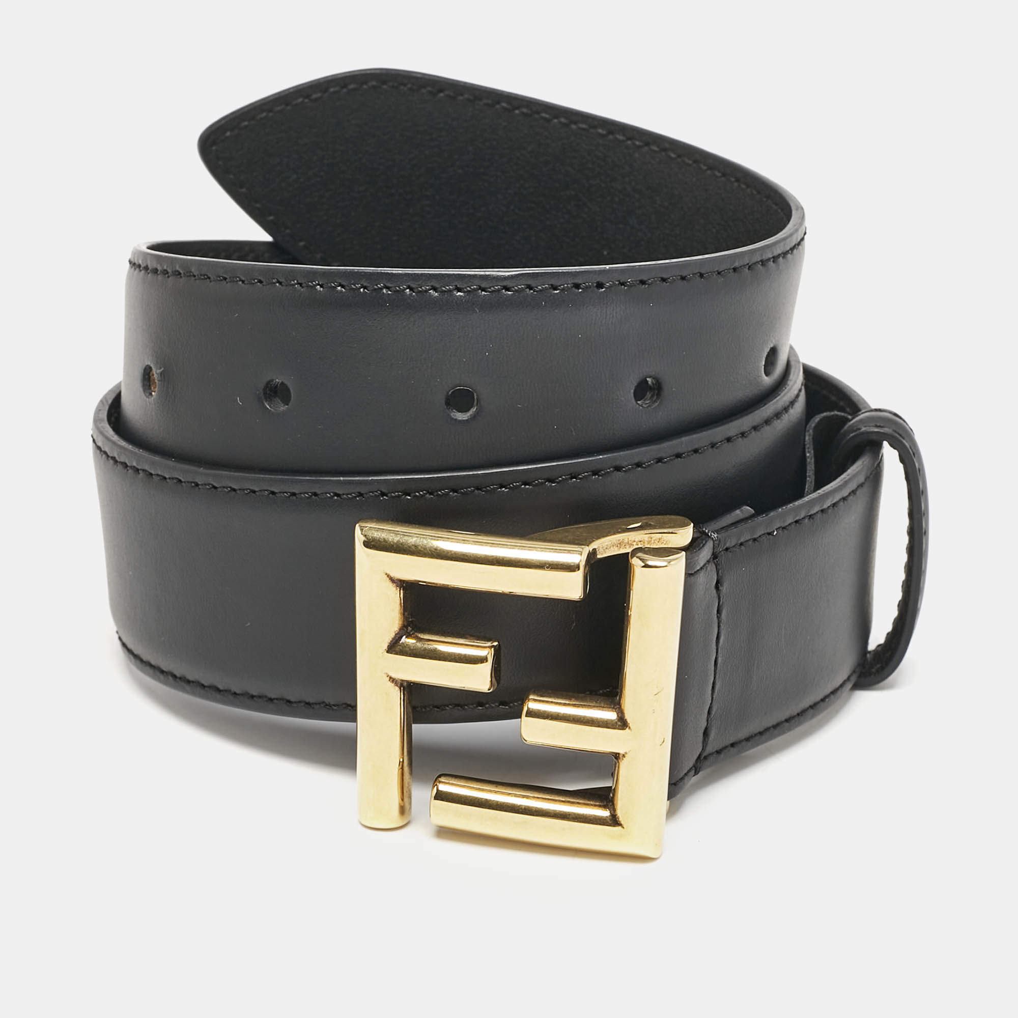 Fendi Black Leather FF Buckle Belt 65 CM