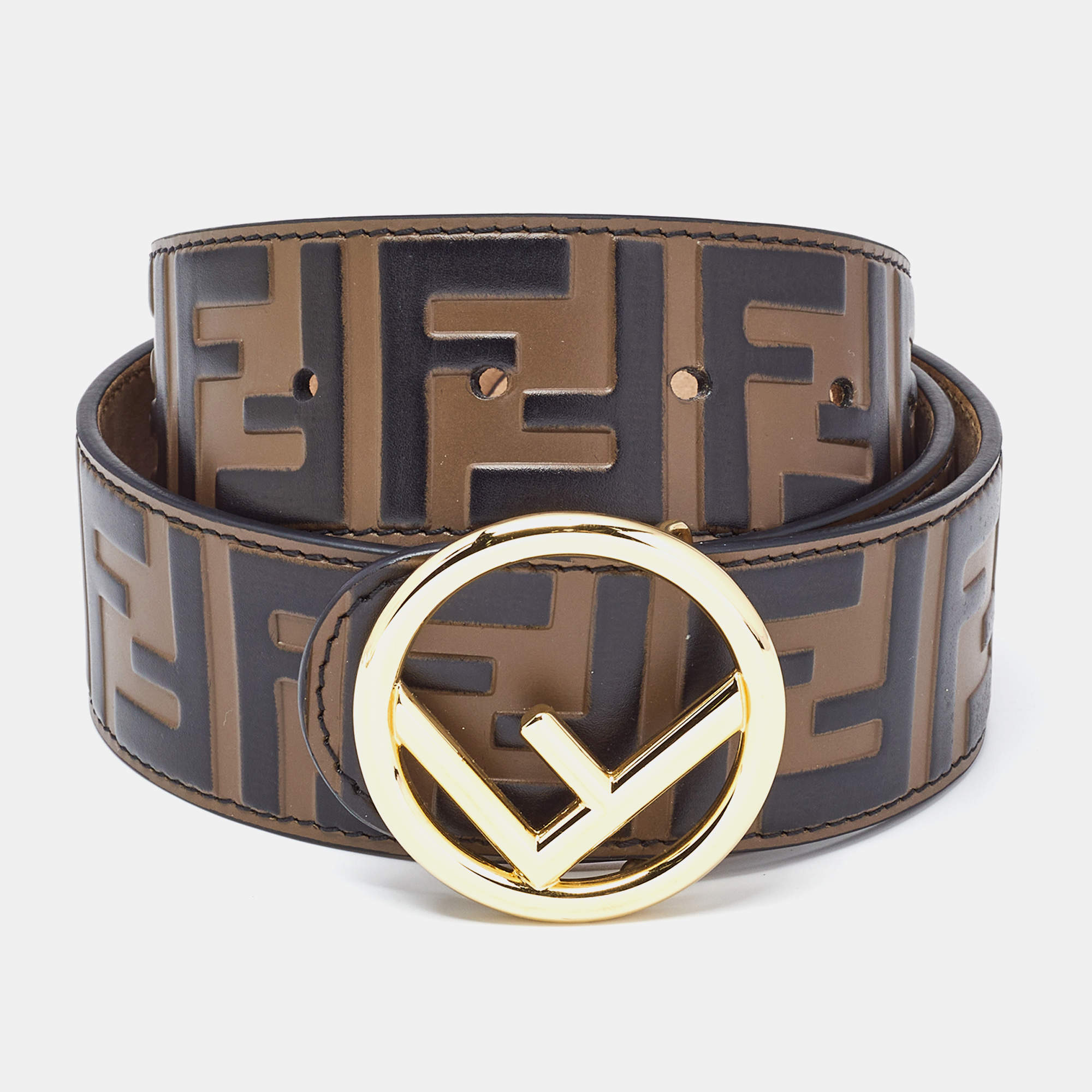 Fendi Brown/Black Zucca Embossed Leather F Buckle Belt 75 CM