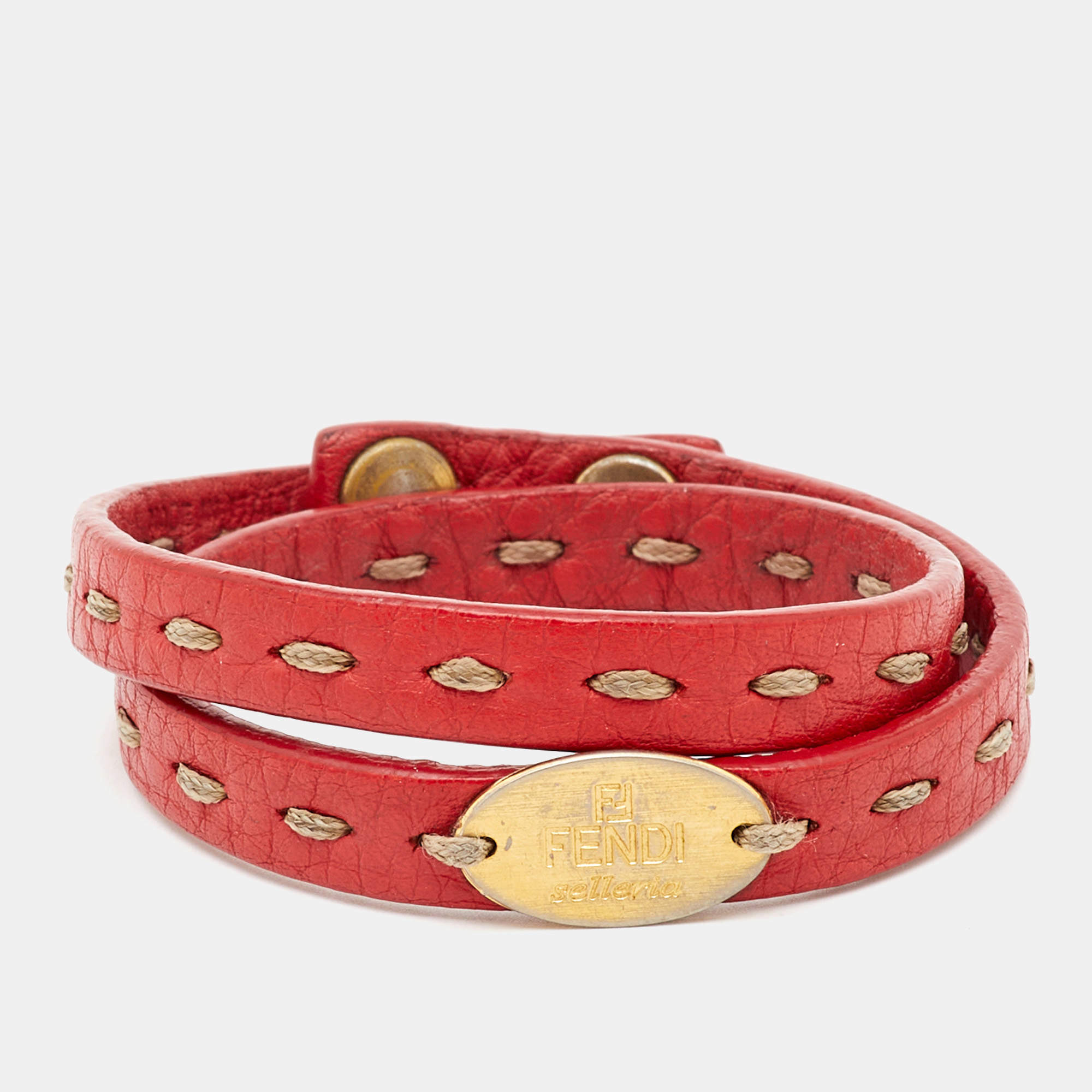 Fendi Selleria Red Leather Gold Tone Double Wrap Bracelet 