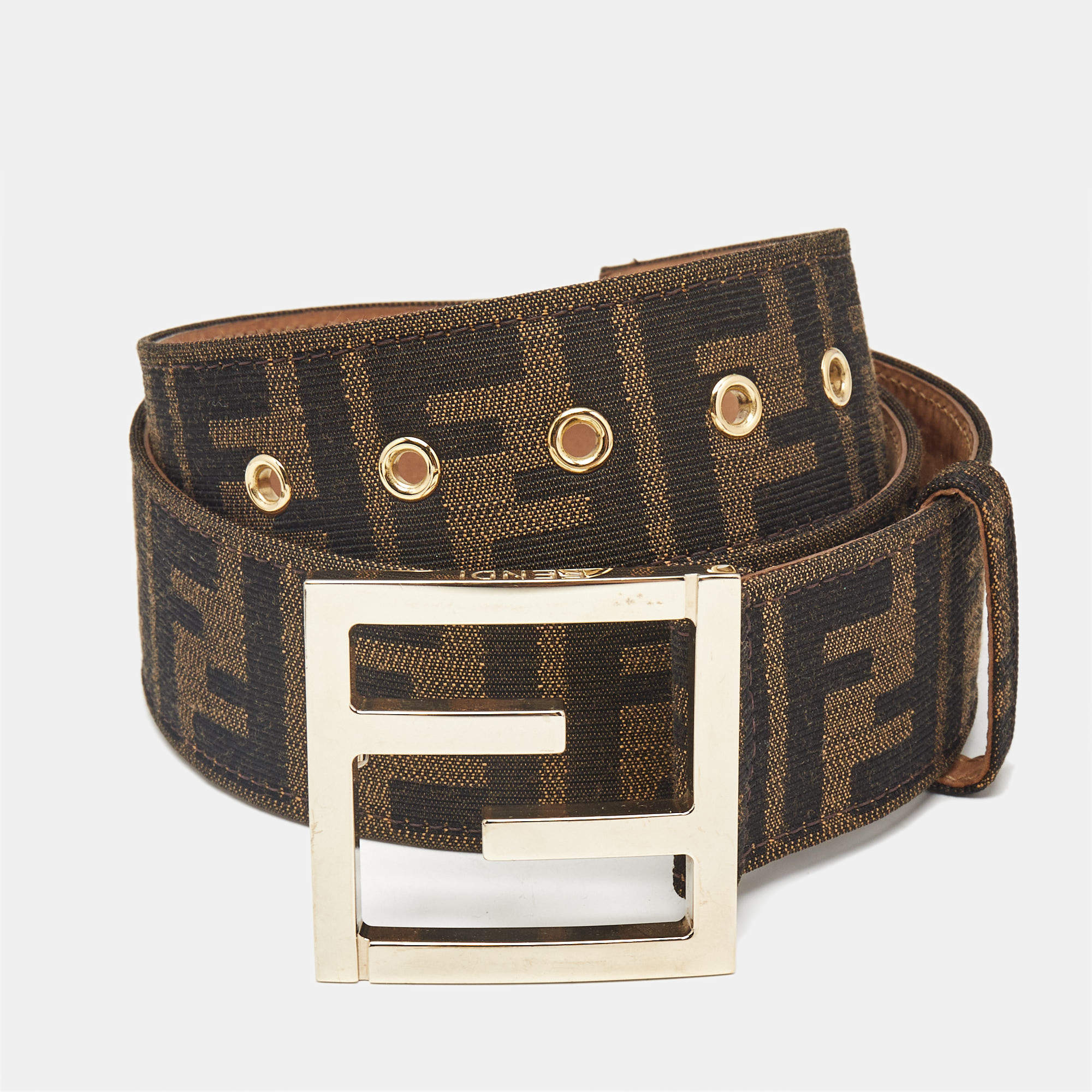 Fendi Brown Zucca Canvas FF Logo Buckle Belt 85 CM