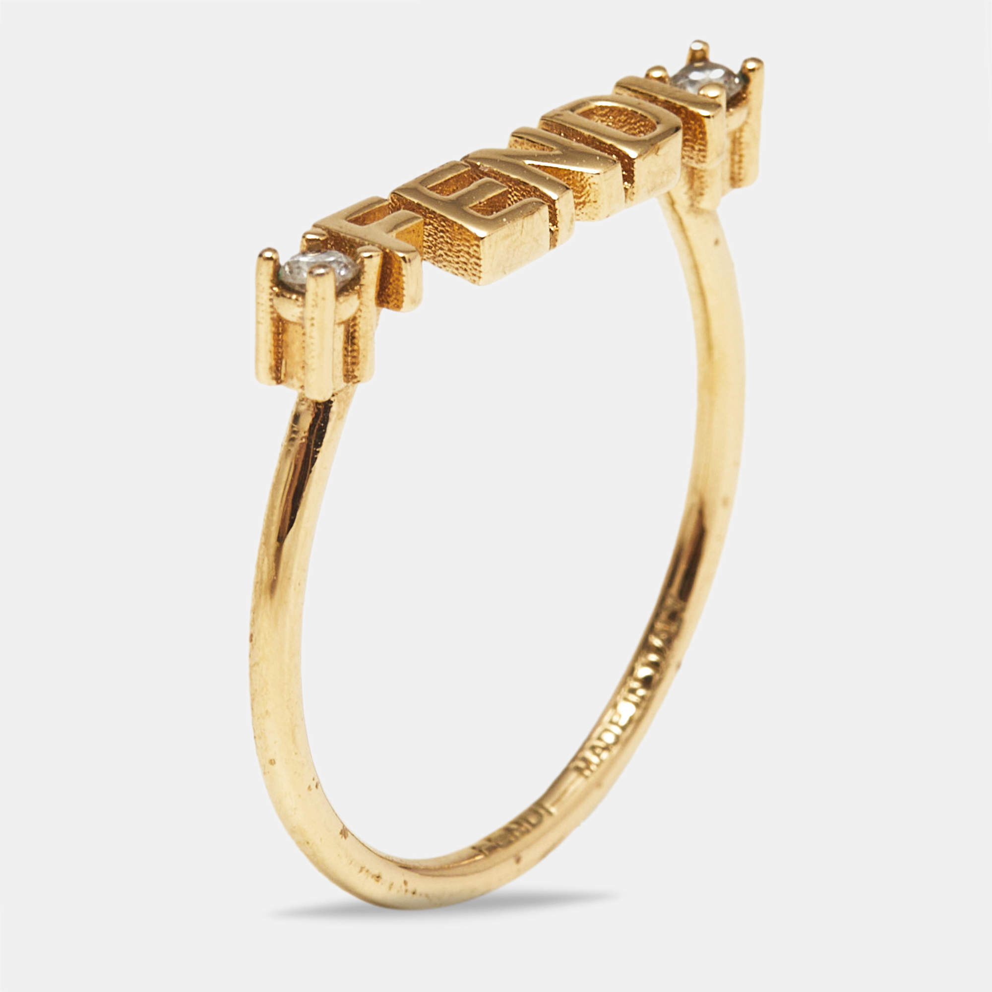Fendi Signature Crystals Gold Tone Ring Size 56