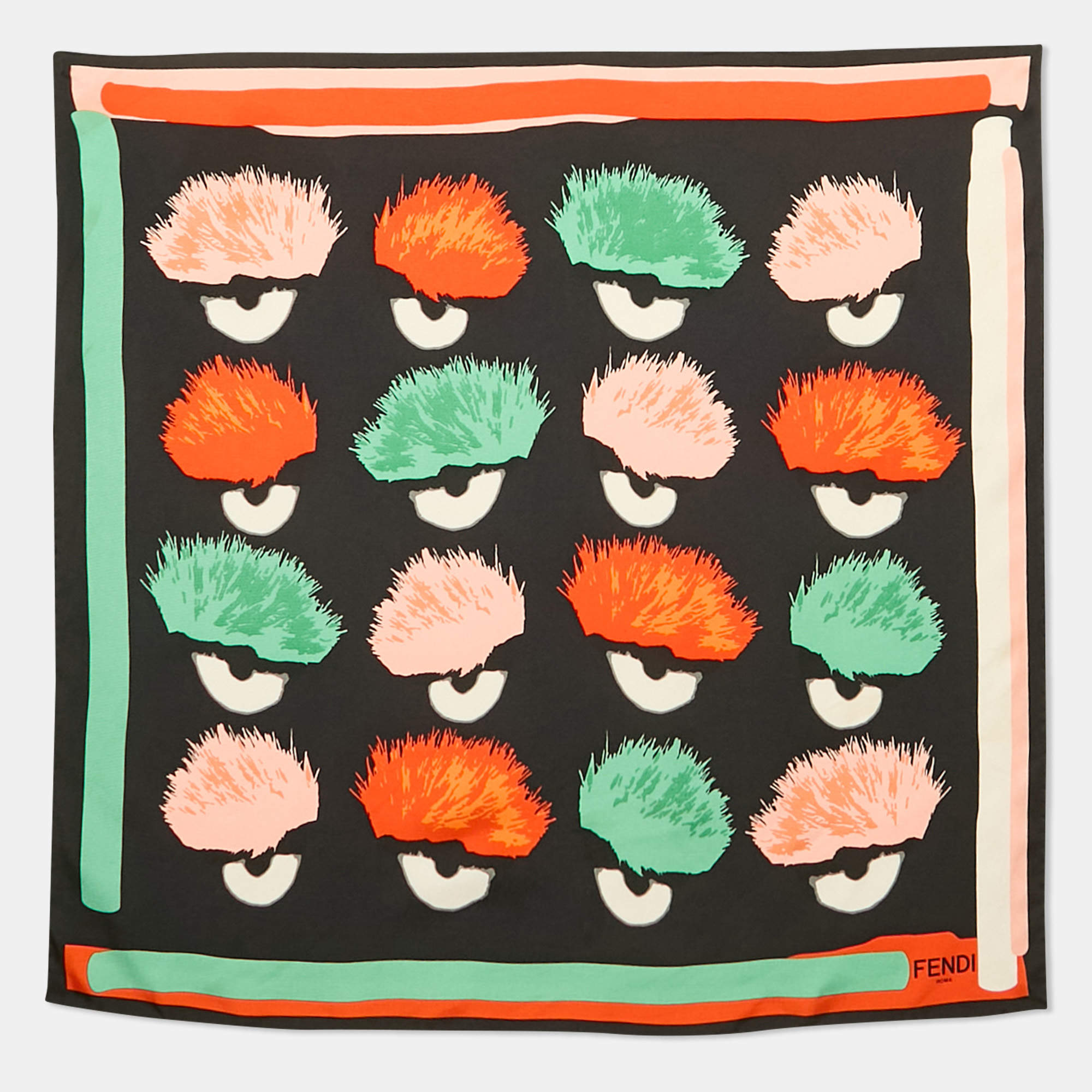 Fendi Black Abstract Pom Pom Print Silk Monster Square Scarf 