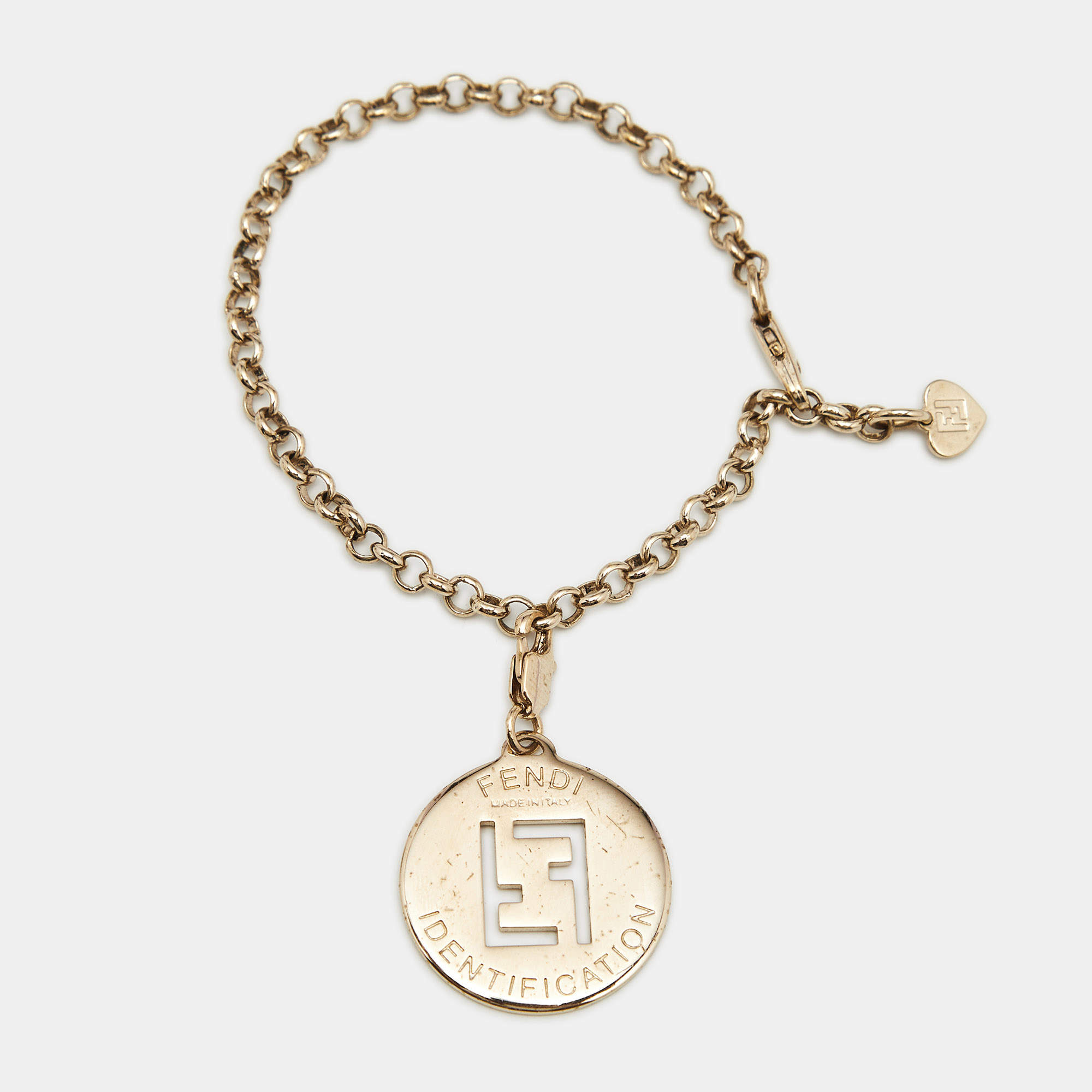Pre Owned Fendi FF Identification Charm Gold Tone Bracelet