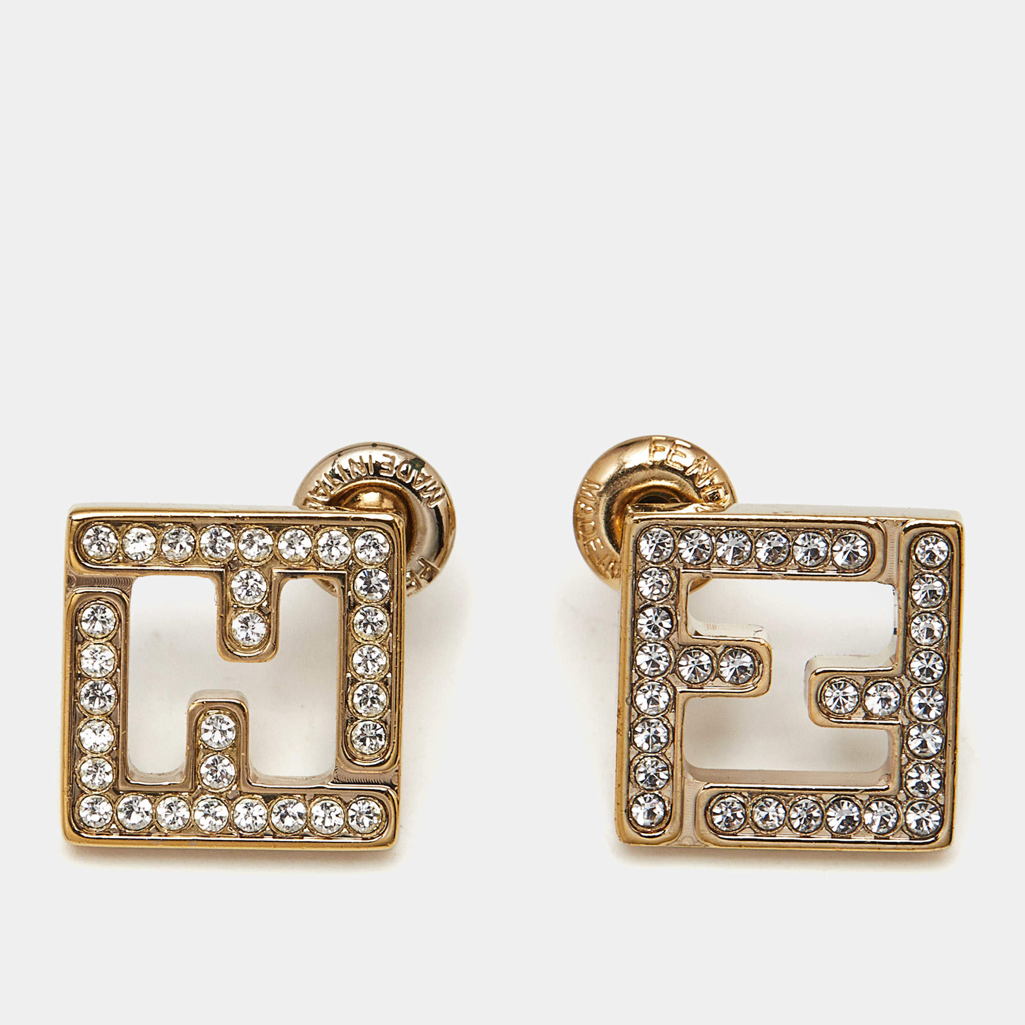 Pre Owned Fendi FF Logo Crystal Studded Gold Tone Stud Earrings