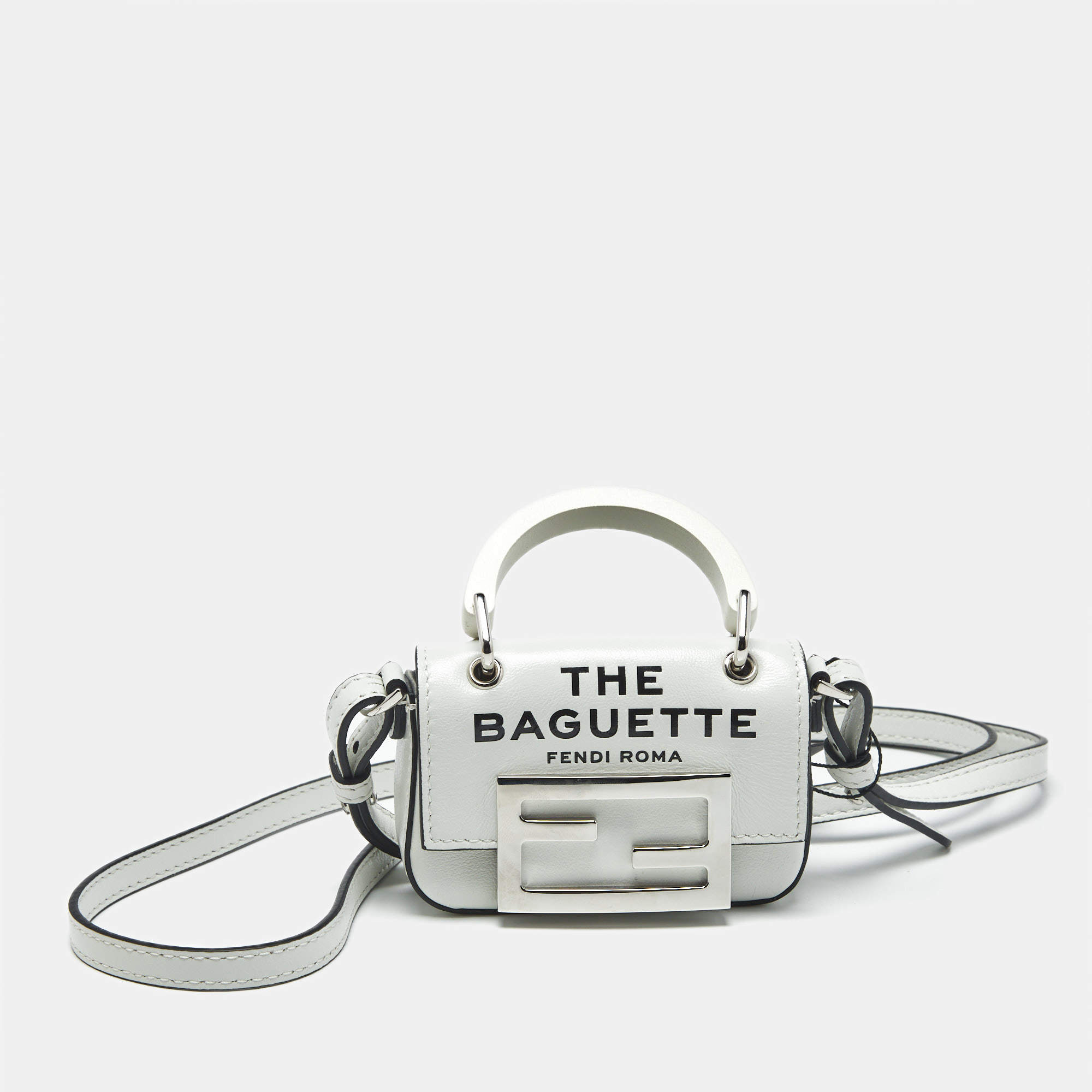 Pre Owned Fendi White Leather Nano Baguette Crossbody Bag Charm