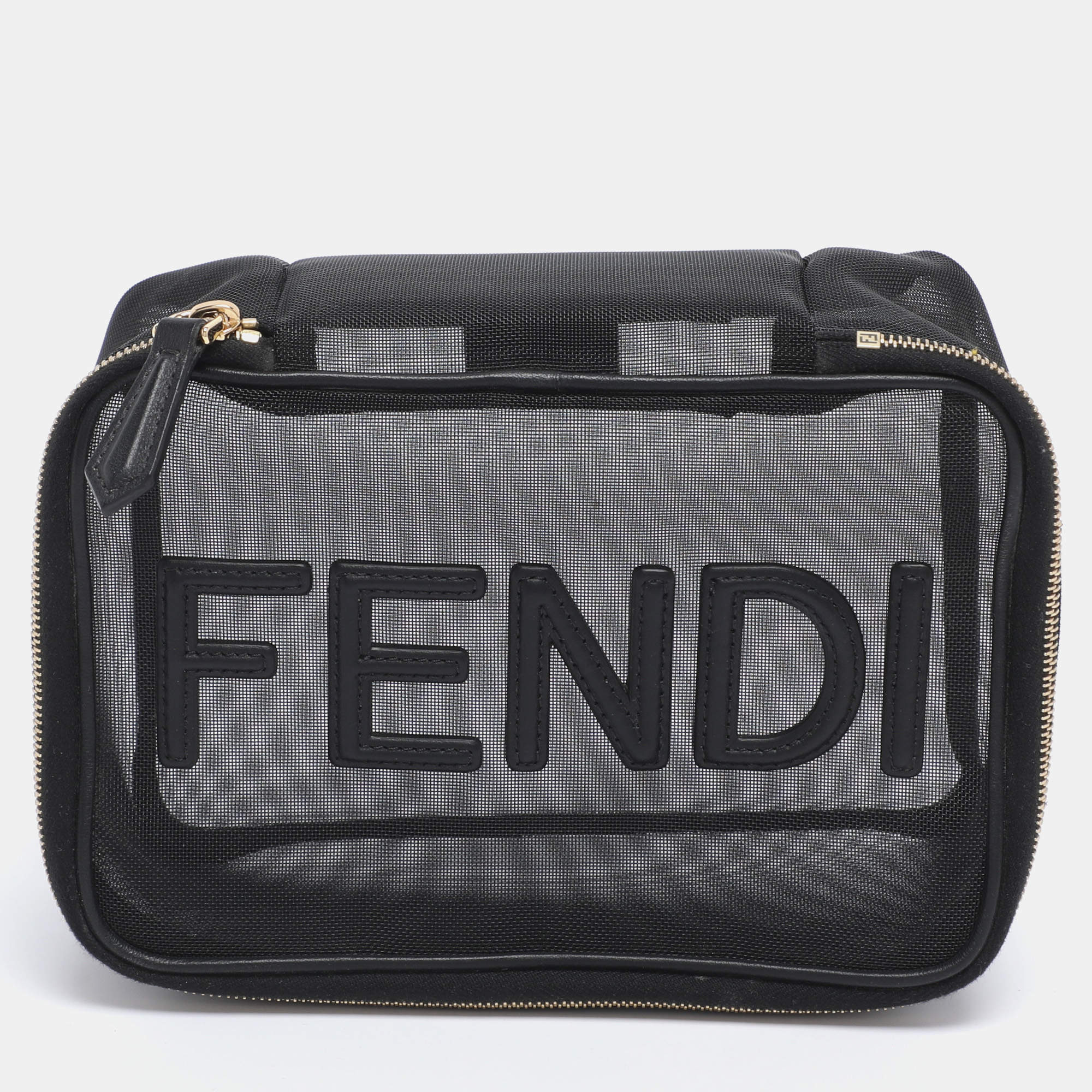 Pre Owned Fendi Black Mesh Logo Cosmetic Case