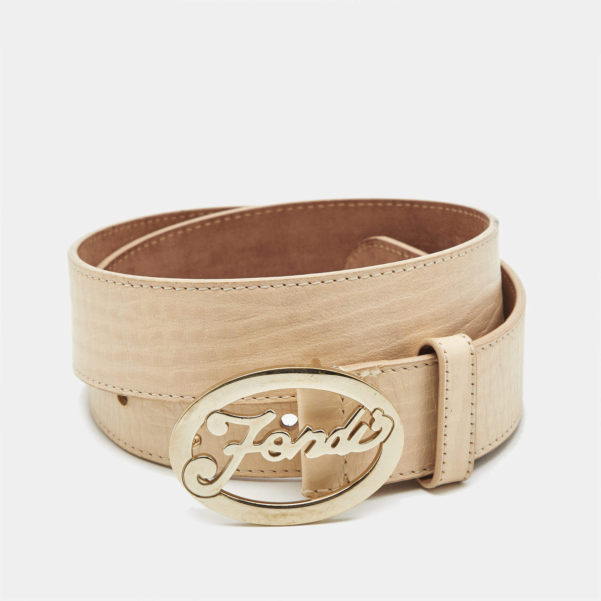 مملوكة مسبقًا Fendi Beige Leather Oval Plaque Buckle Belt 85 CM