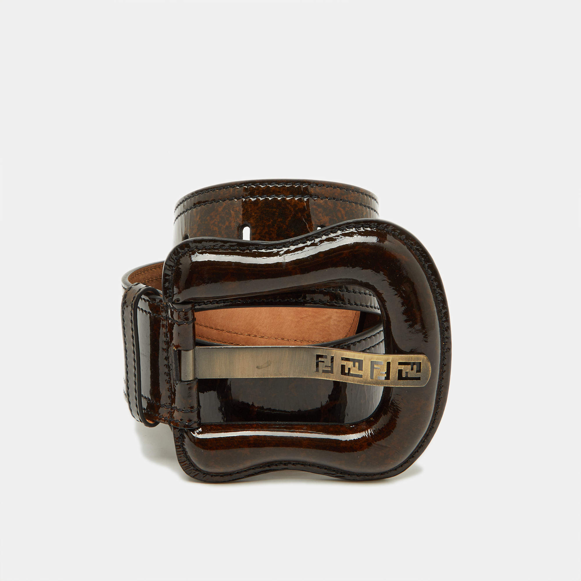 Pre Owned Fendi Two Tone Brown Patent Leather Waist B Buckle Belt 85cm