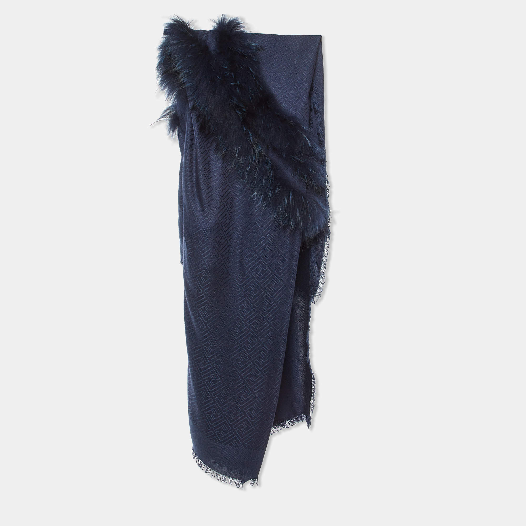 Pre Owned Fendi Navy Blue FF Jacquard Silk & Wool Touch Of Fur Shawl