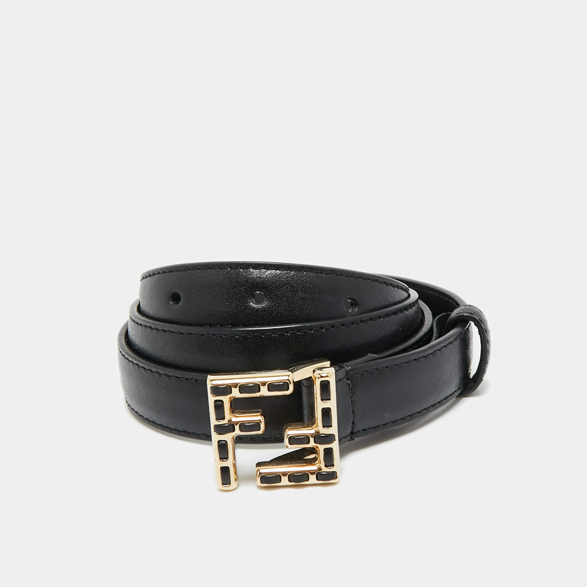 Pre Owned Fendi Black Leather FF Buckle Slim Belt 85 CM
