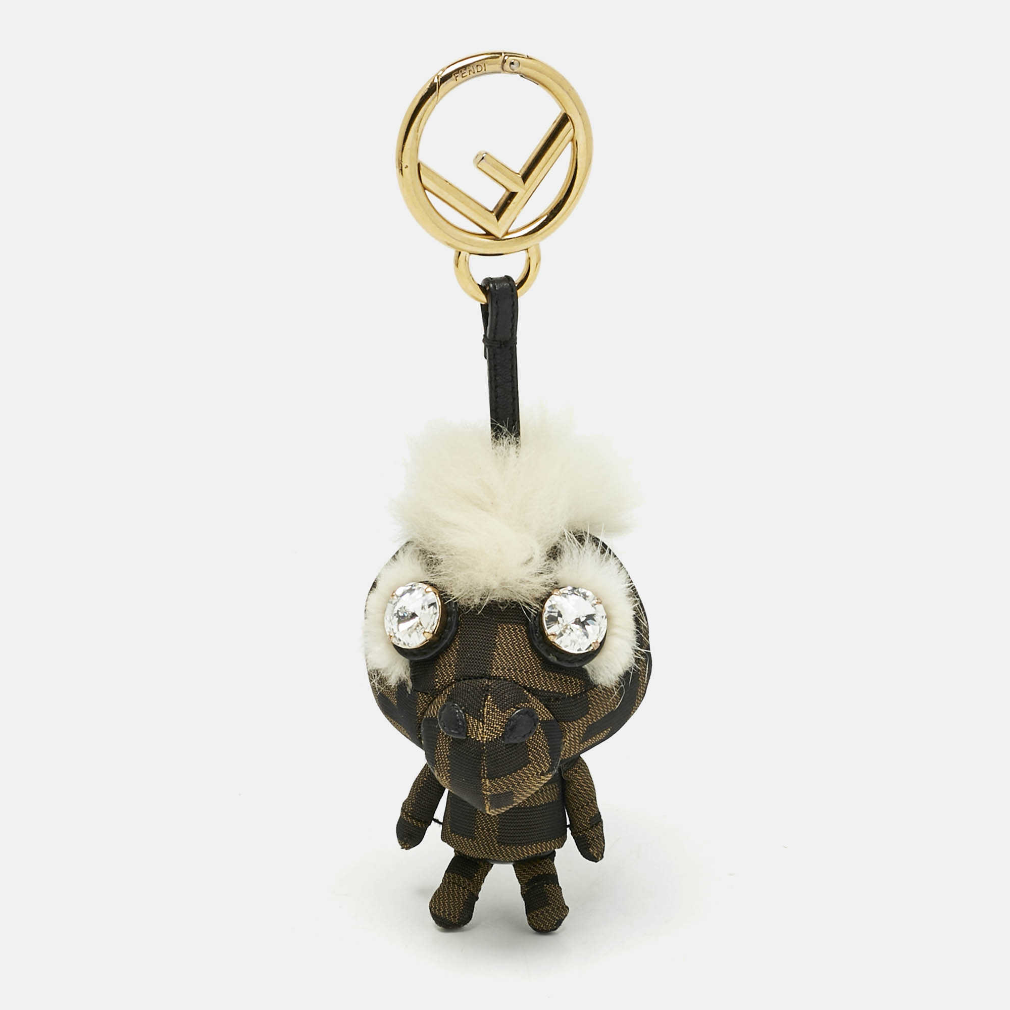 Pre Owned Fendi Tobacco/White Zucca Fabric and Fox Fur F is Fendi Space Monkey Bag Charm
