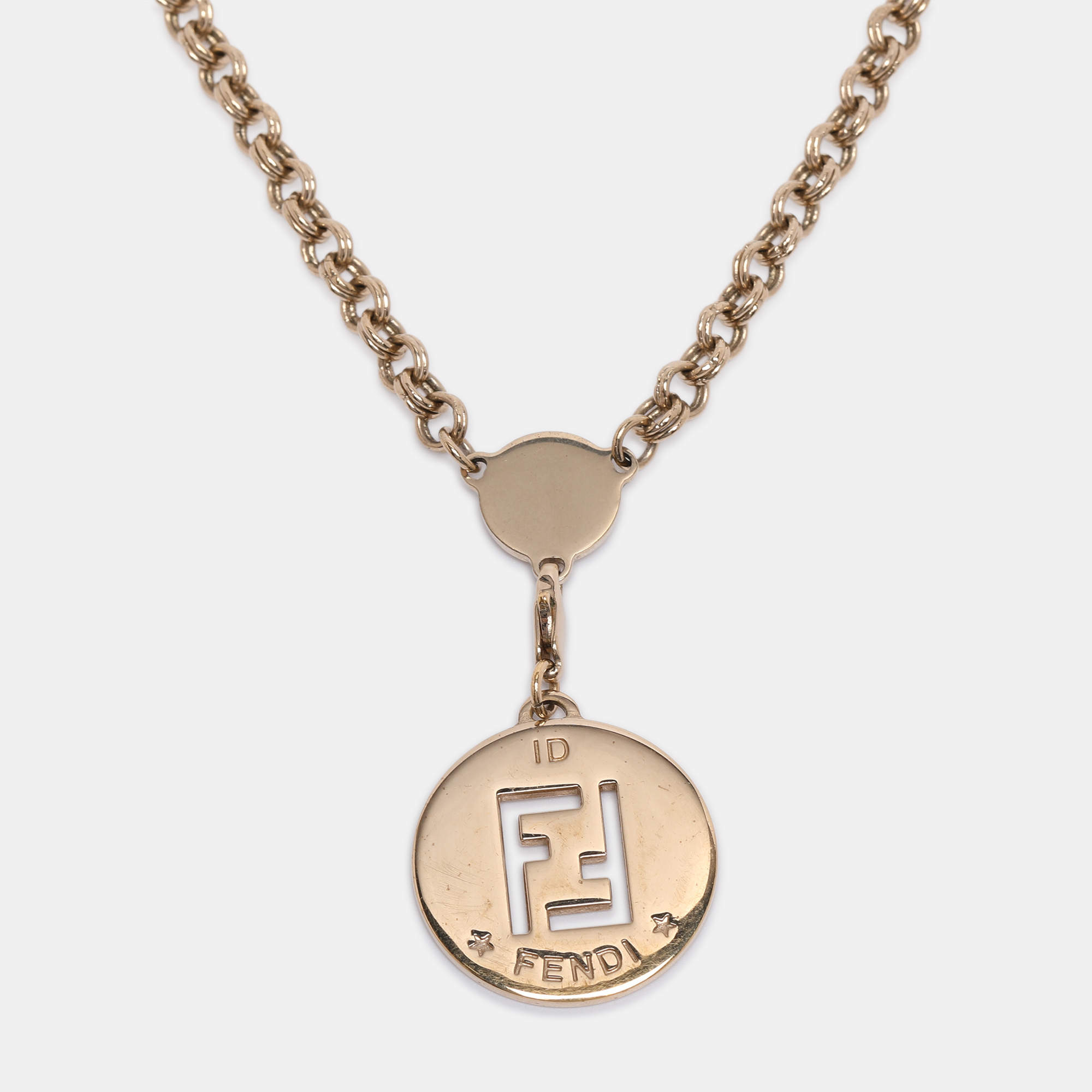 Pre Owned Fendi Gold Tone Hardware FF Identification Pendant Necklace