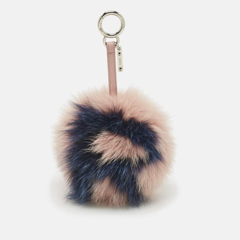 Pre Owned Fendi Pink/Blue Fox Fur and Leather Alphabet R Ball Bag Charm