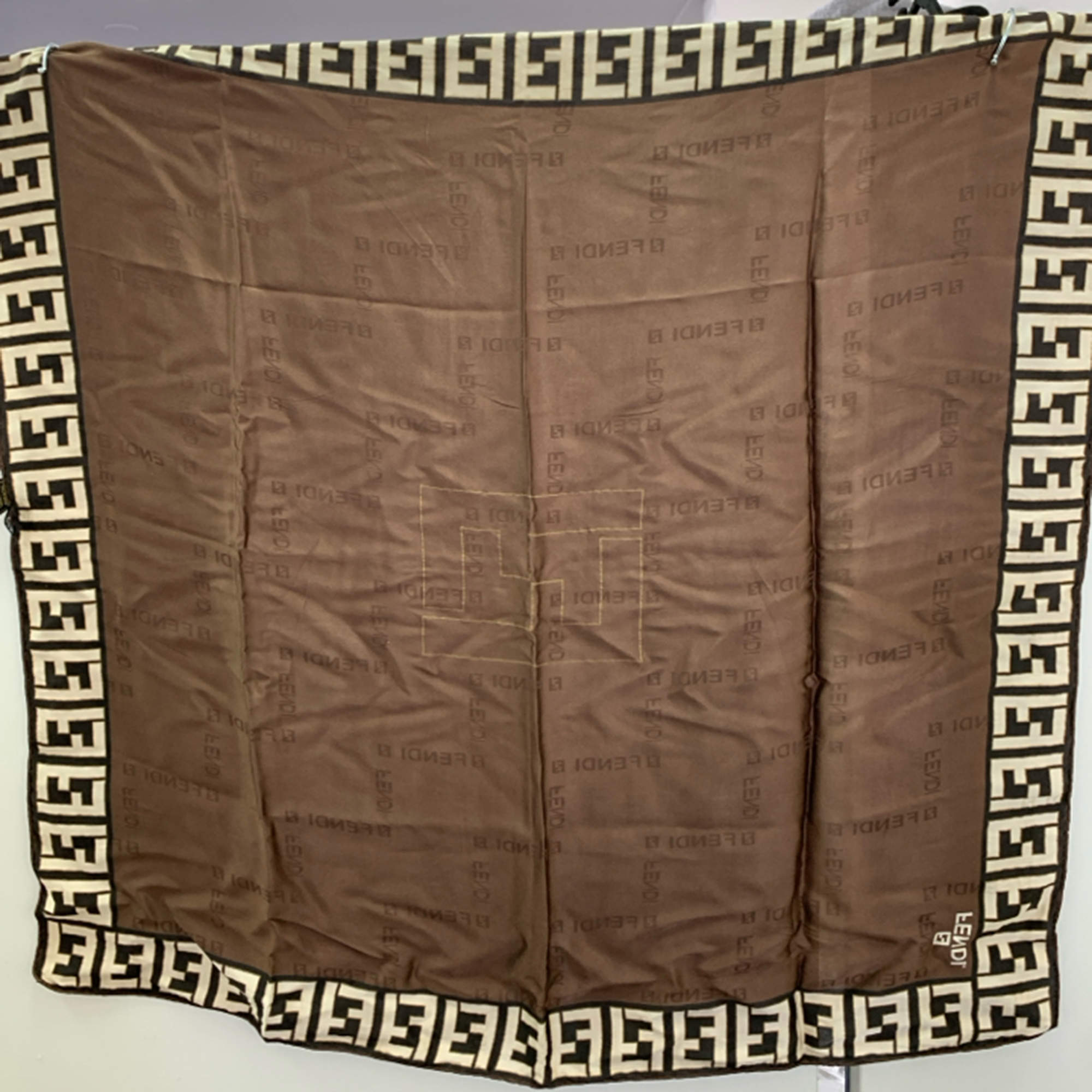 Pre Owned Fendi 90 X 90 Cm Brown Silk Logo Scarf