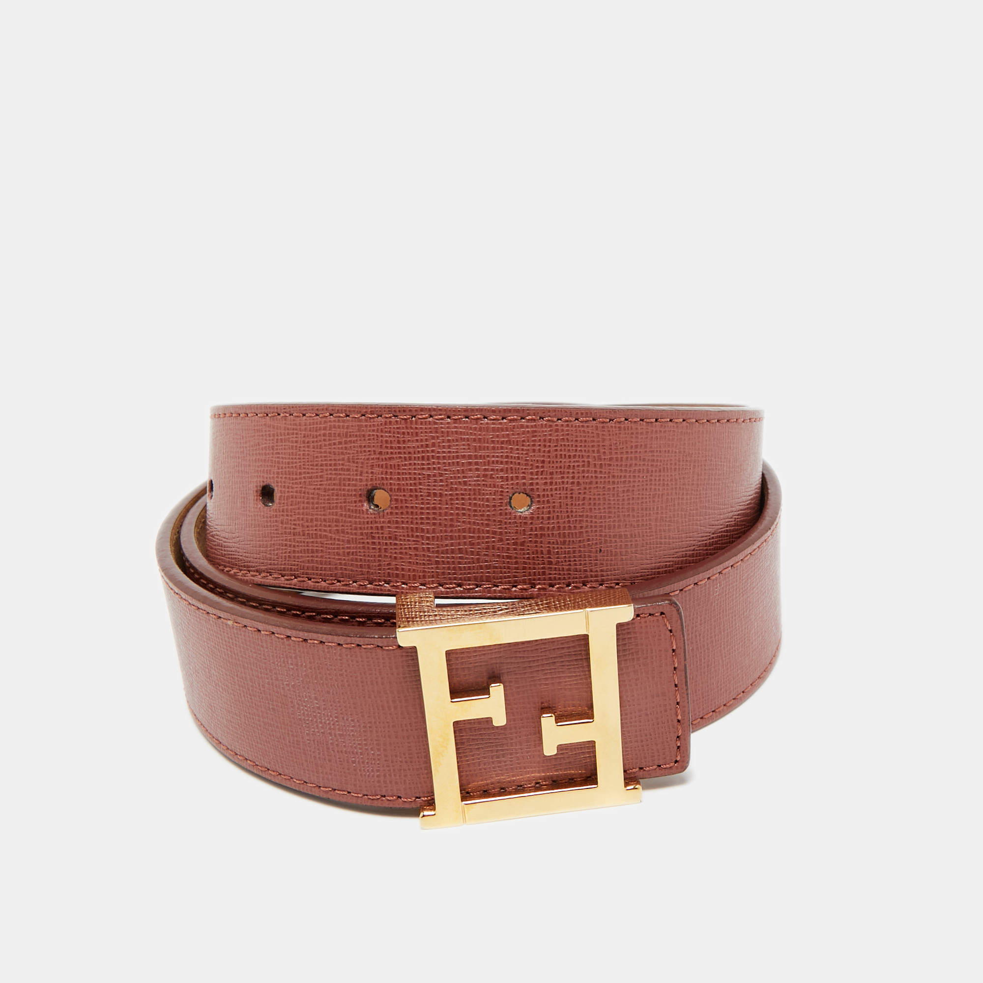 Pre Owned Fendi Old Rose Leather FF Waist Belt 85CM