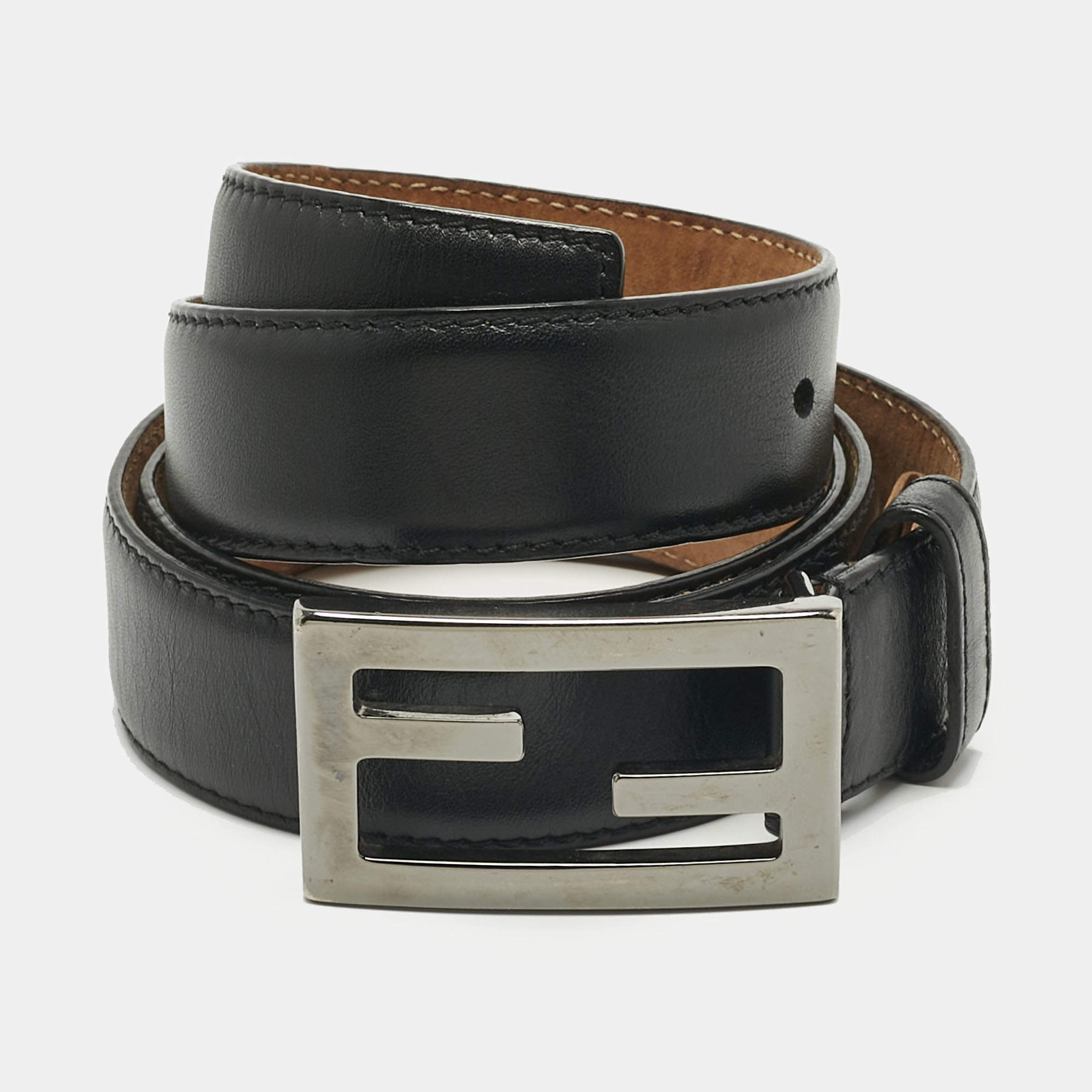 Pre Owned Fendi Black Leather FF Buckle Belt 95CM
