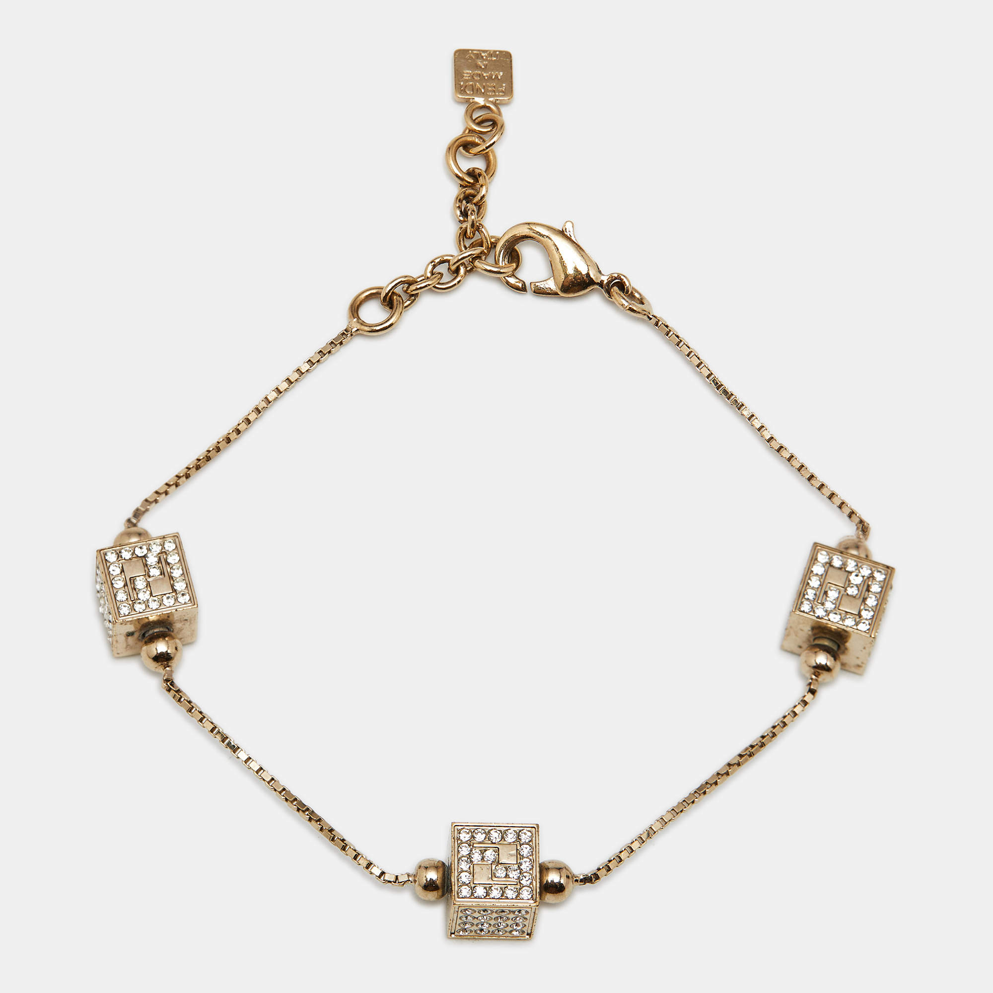 Pre Owned Fendi FF Crystal Cube  Gold Tone Station Bracelet