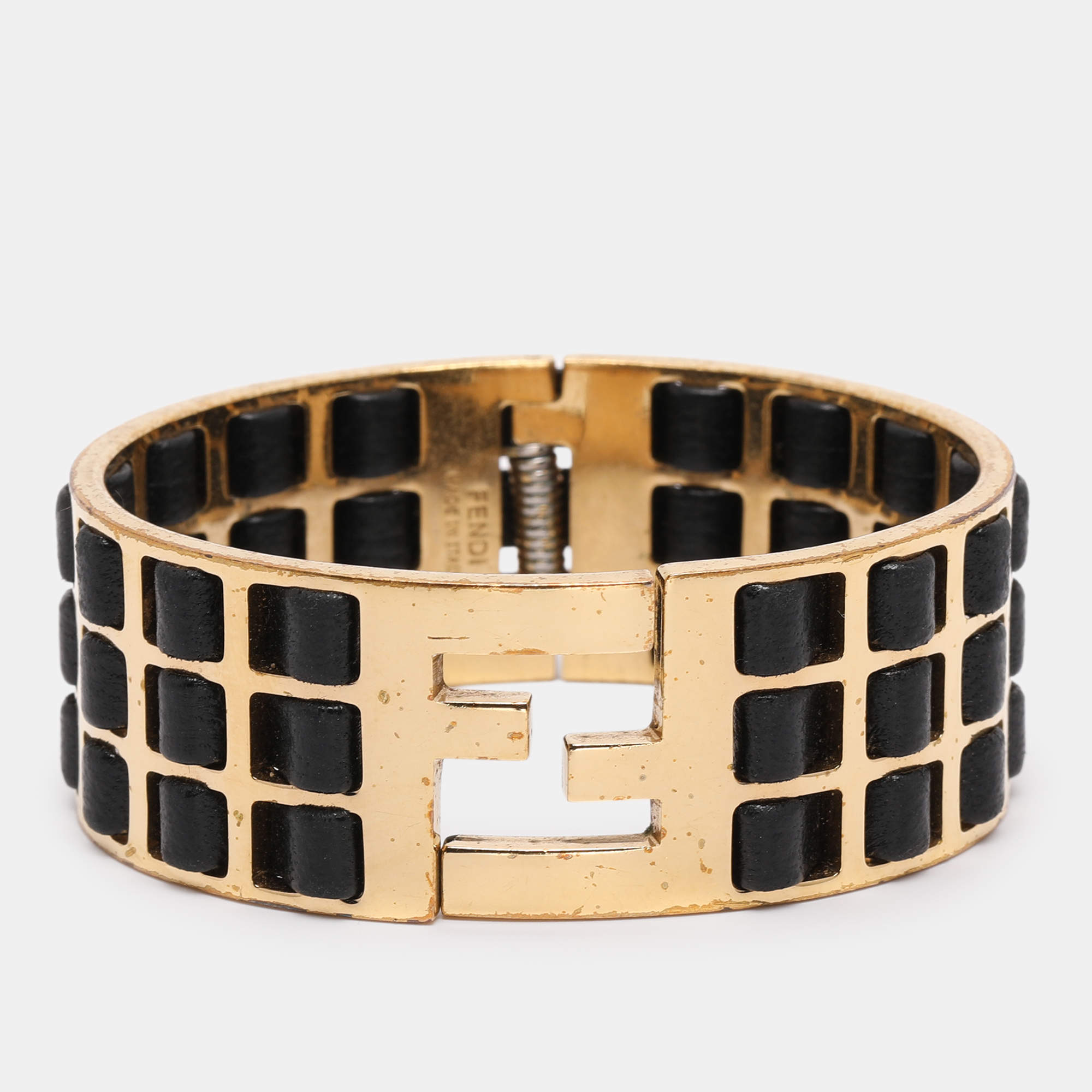 Pre Owned Fendi FF Gold Tone Metal and Black Leather Detail Cuff Bracelet