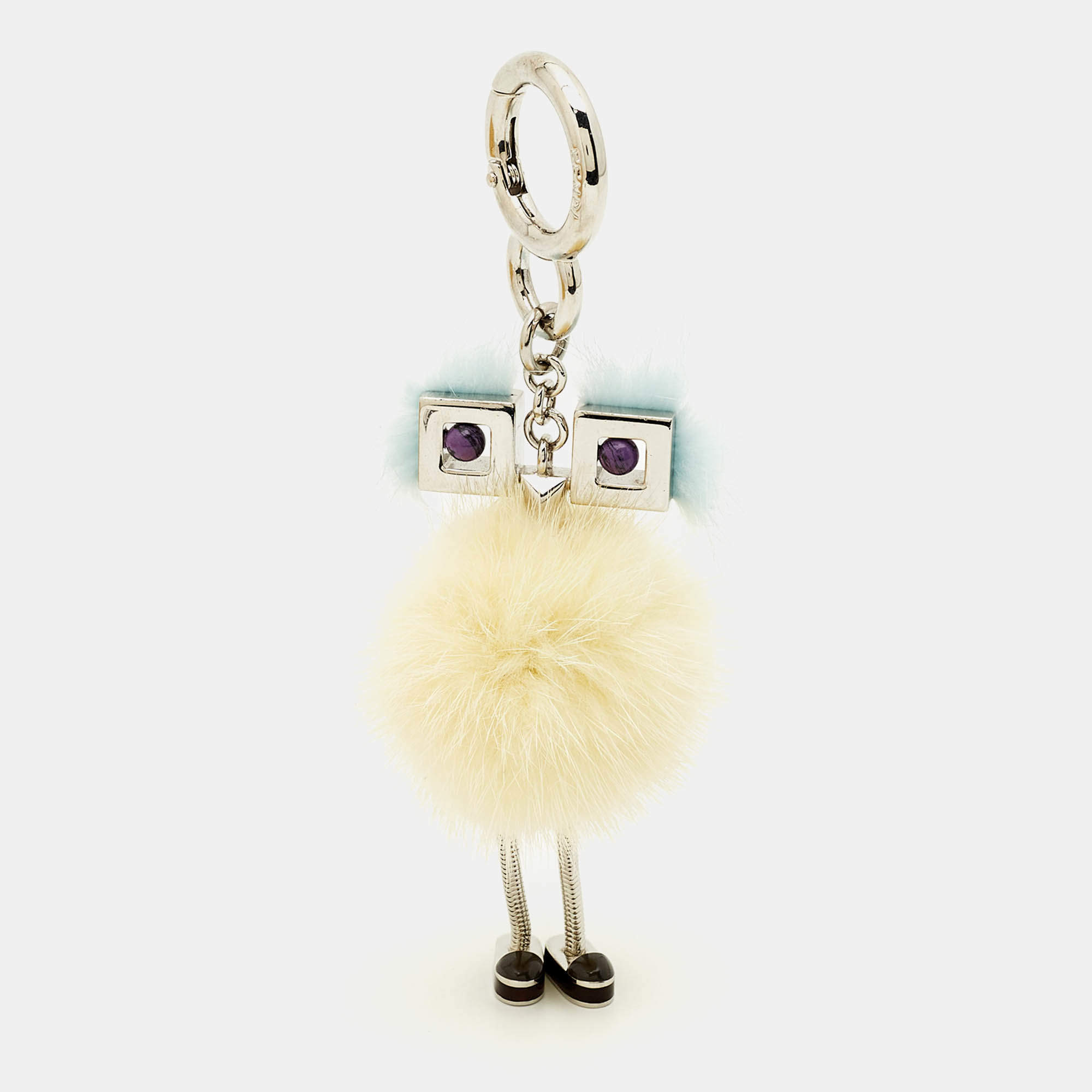 مملوكة مسبقًا Fendi Bag Charm Yellow/Blue Fox Fur Hypnoteyes Chick Pom Pom 