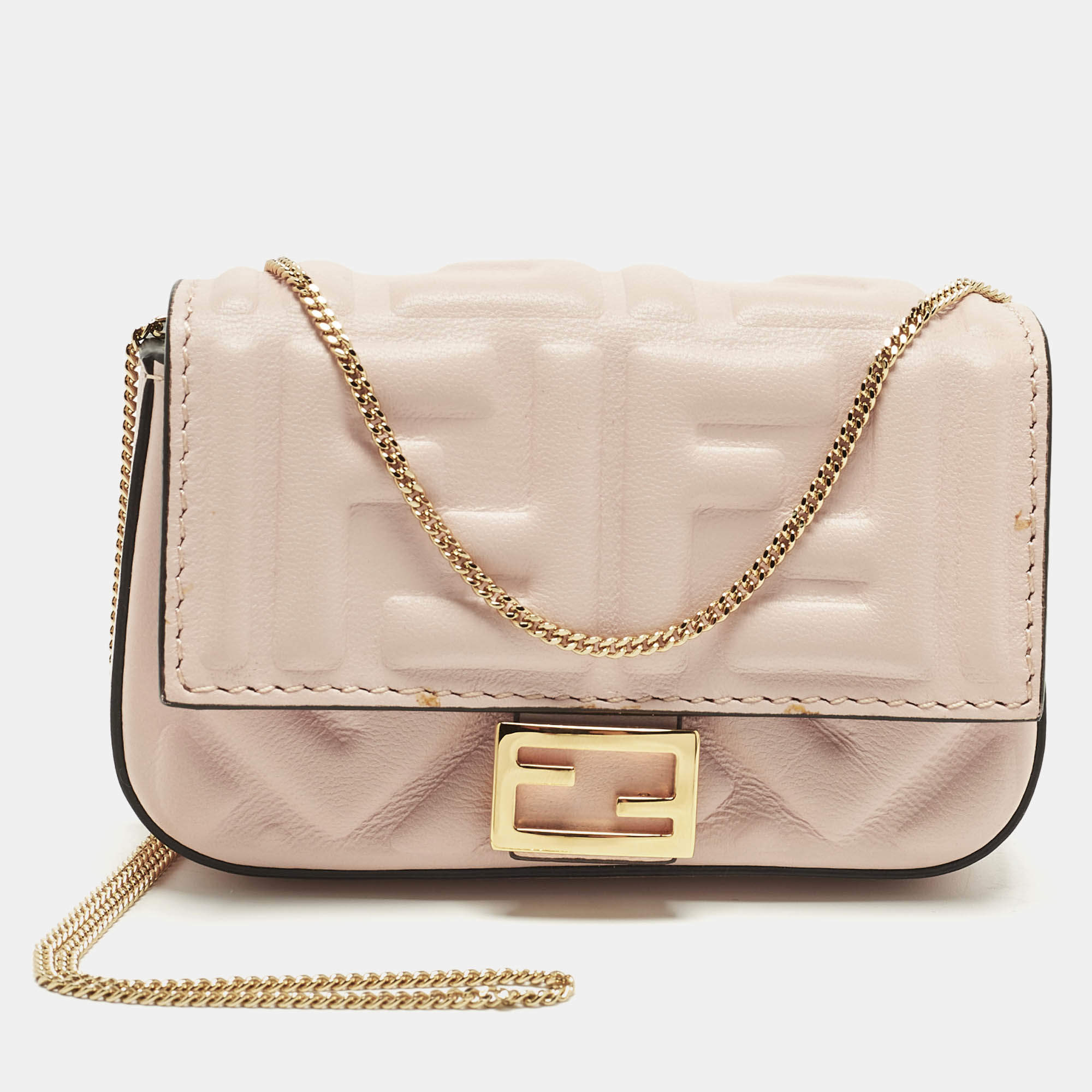 Pre Owned Fendi Baguette Nano Charm Pink FF Embossed Leather