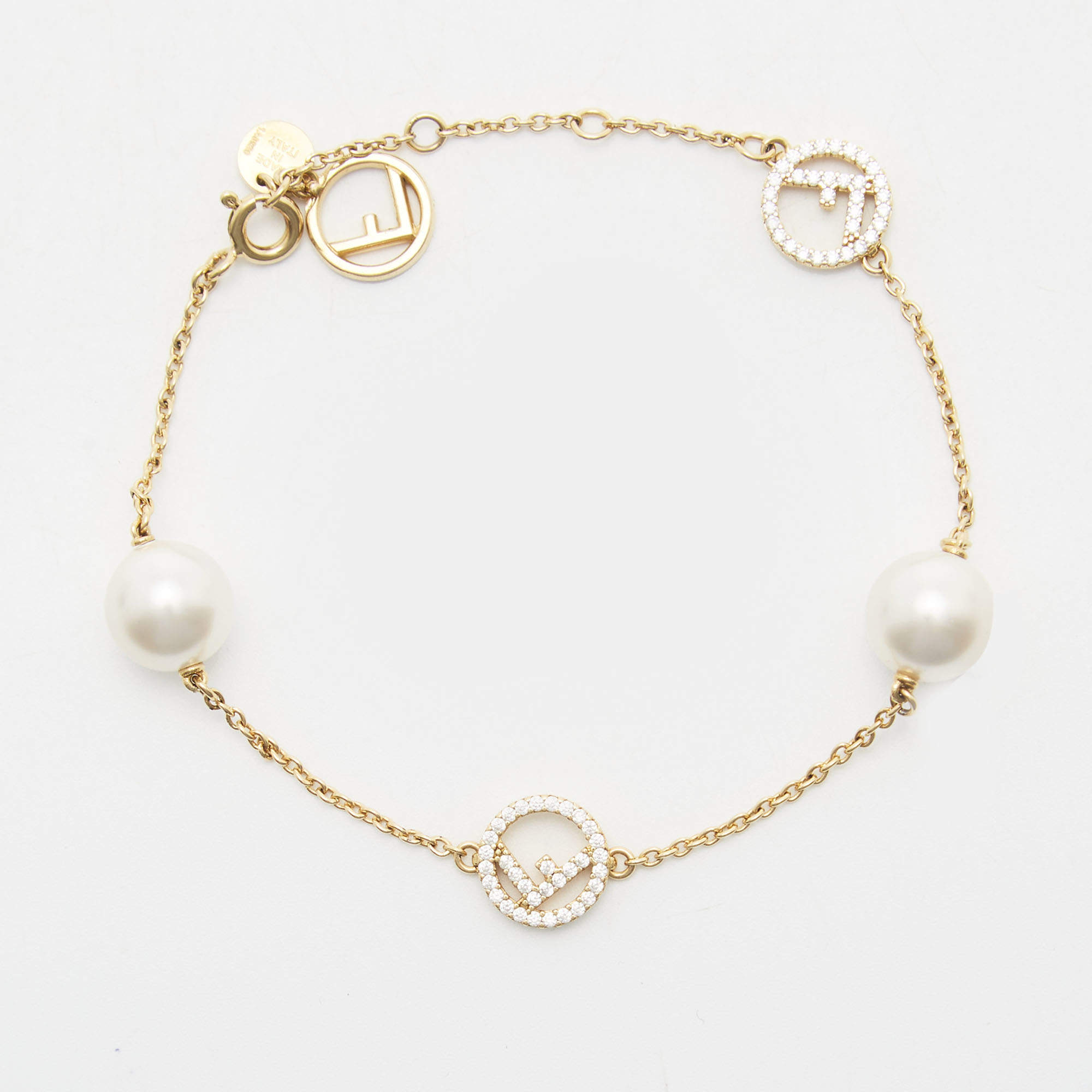 مملوكة مسبقًا Fendi  F Is Fendi Crystals Faux Pearls Gold Tone Bracelet