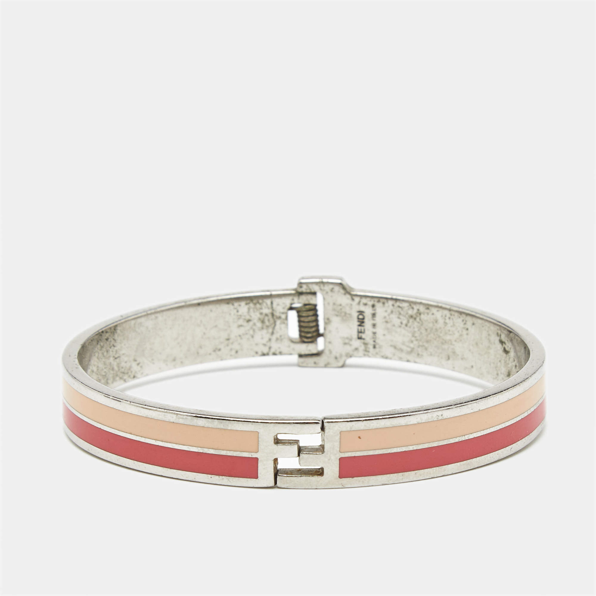 Pre Owned Fendi The Fendista Bicolor Stripe Enamel Silver Tone Bracelet M
