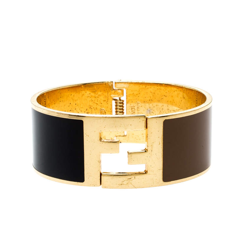 Pre Owned Fendi Fendista Black Brown Enamel Gold Tone Wide Bracelet M