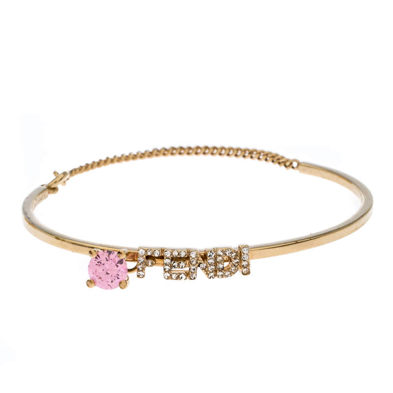 Pre Owned Fendi Gold Tone Crystal Embellished Logo Charm Bracelet S