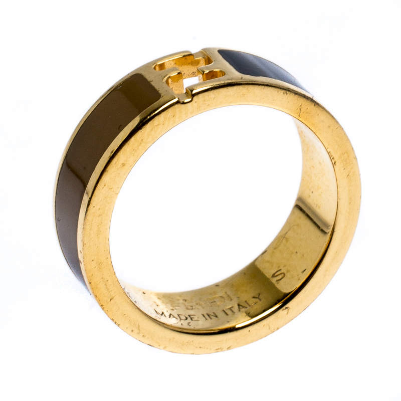 مملوكة مسبقًا Fendi The Fendista Bi-color Enamel Gold Tone Band Ring Size EU 52