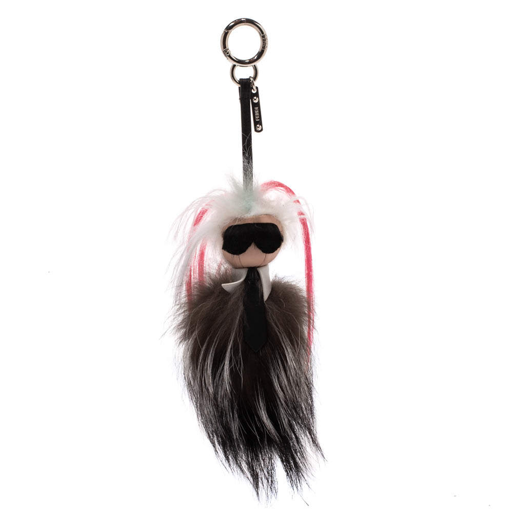 Pre Owned Fendi Multicolor Fur And Leather Mini Karlito Silver Tone Bag Charm