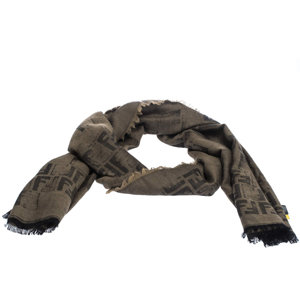 Fendi Brown Distressed Zucca Patterned Wool Blend Scarf