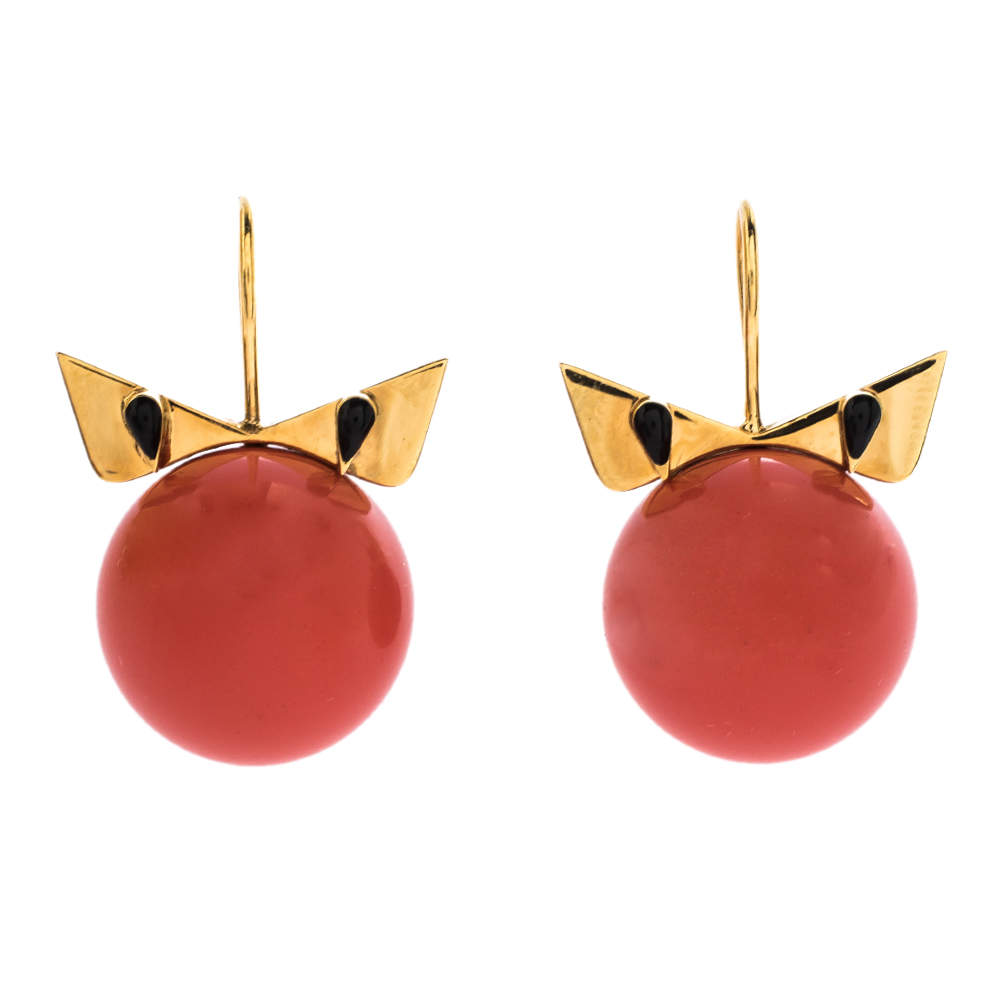 Pre Owned Fendi Crystal Wonder Coral Bead Gold Tone Hook Earrings
