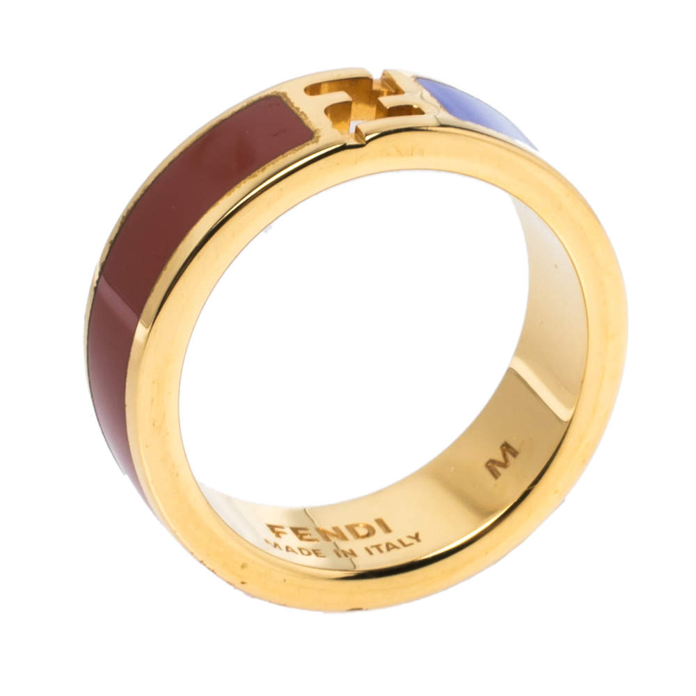 Fendi The Fendista Bi-color Enamel Gold Tone Band Ring M