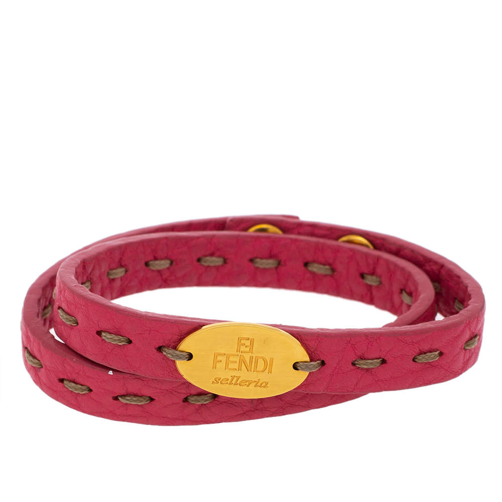 Fendi Pink Leather Selleria Double Wrap Bracelet