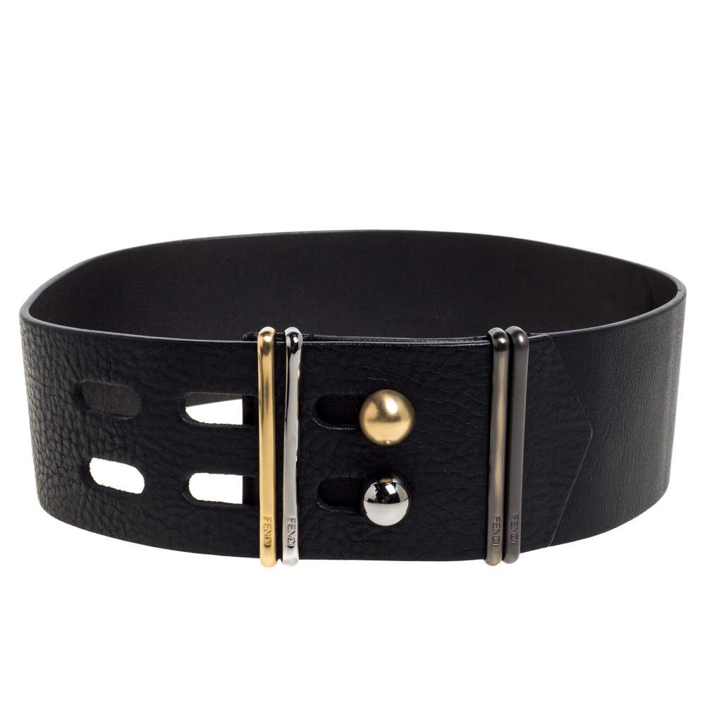 Pre Owned Fendi Black Leather Metal Waist Belt 75CM