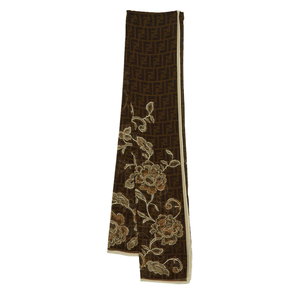 Pre Owned Fendi Brown Monogram and Floral Printed Silk Scarf 