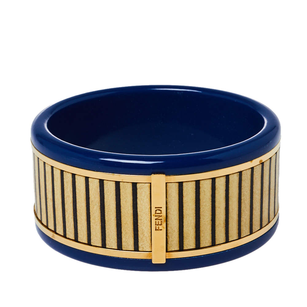 Pre Owned Fendi Blue Resin & Paneled Wood Wide Bangle